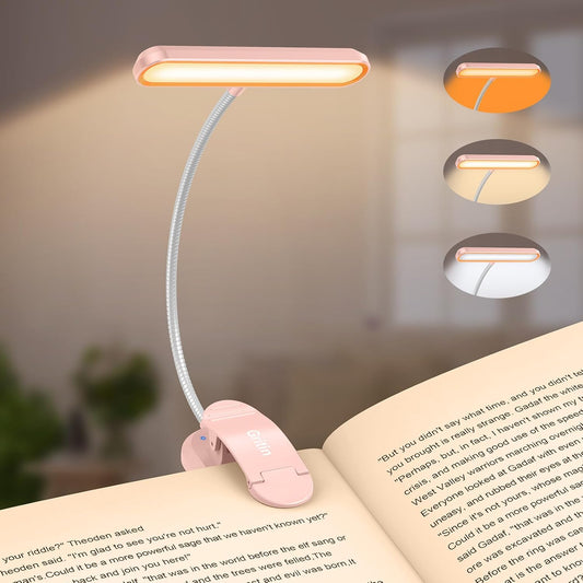 Gritin Rechargeable Book Light for Reading in Bed with 19 LED &Memory Function-Eye Caring 3 Color Temperatures,5 Brightness Levels,90 Hrs Runtime Flexible Goose Neck Clip on Light-Pink