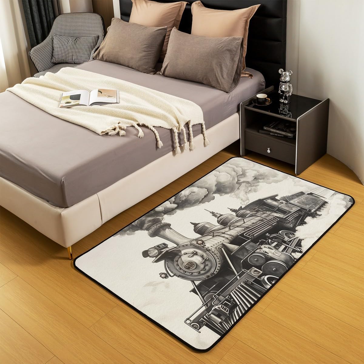 Erosebridal Vintage Train Carpet 4'11" x 3'3" Train Country Locomotive Area Rug for Kids Teens Adults Wooden Wagons Indoor Floor Mat Rail Road Smoke Decorative Washable Rug