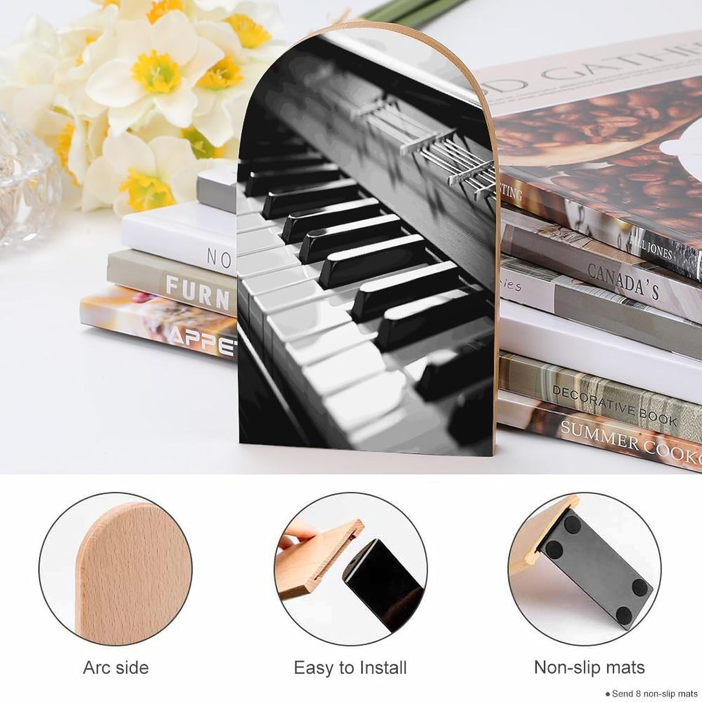 Piano Image Bookends 1 Pair Heavy Duty Book Ends for Shelves Non-Skid Bookend Supports Wooden Book Holders with Metal Base Desk Organizers Books Storage to Hold Books