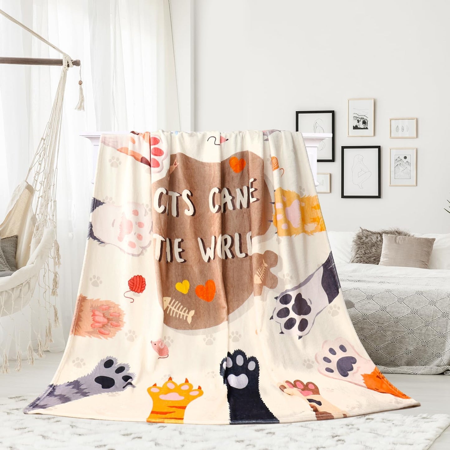 Cat Throw Blanket Gift for Cat Lover Women Children Colorful Flannel Fleece Throw Blanket Cute Cats Paw Print Cozy Fuzzy Plush Throw Blankets for Bed Chair Couch 50" X 60"