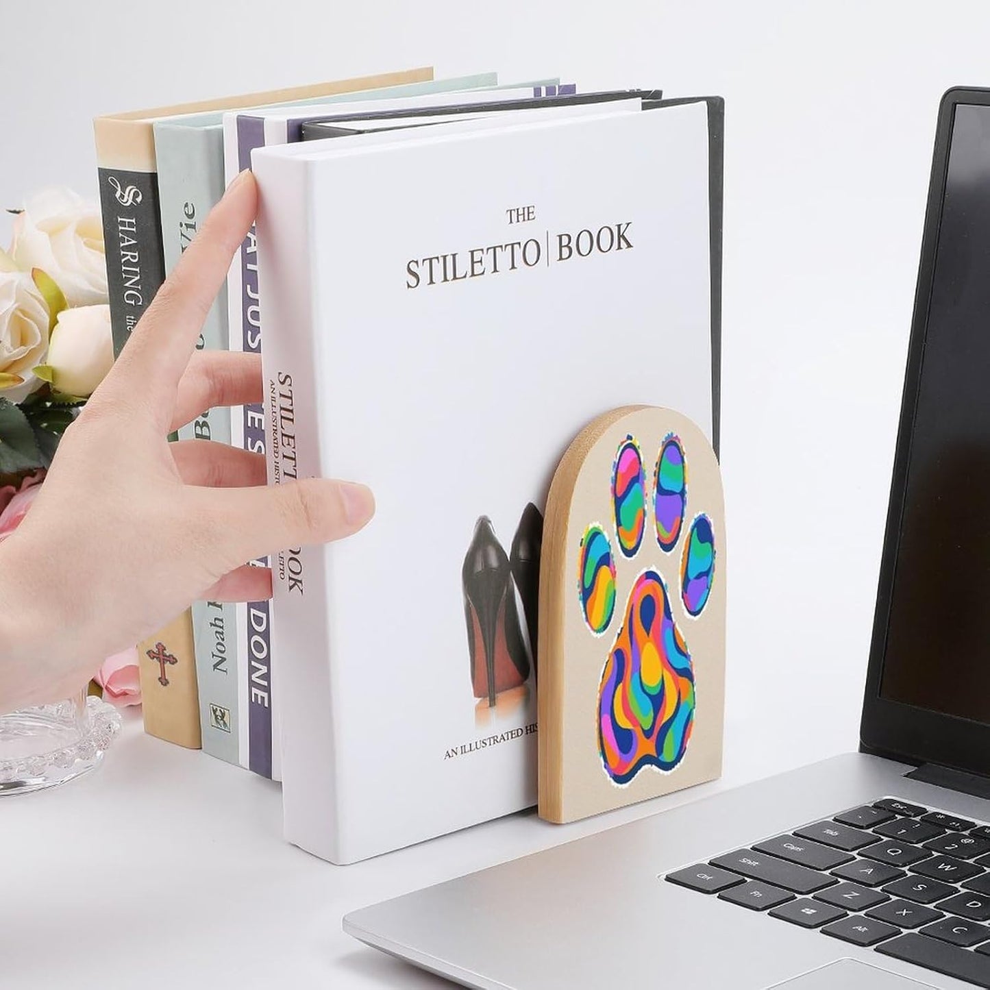 Colorful Dog Paw Print Bookends 1 Pair Heavy Duty Book Ends for Shelves Non-Skid Bookend Supports Wooden Book Holders with Metal Base Desk Organizers Books Storage to Hold Books