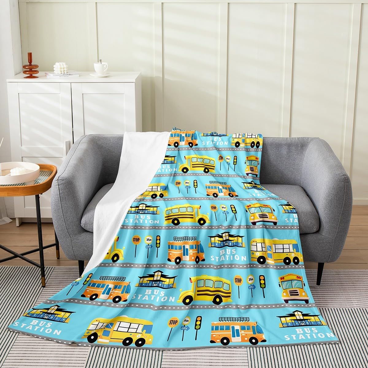 Feelyou School Bus Pattern Plush Throw Blanket, Baby 30"x40" Kids Construction Vehicles Flannel Fleece Blanket for Boys Teens Cartoon Car All Season,Bed Blanket Construction Site Cars Room Decor