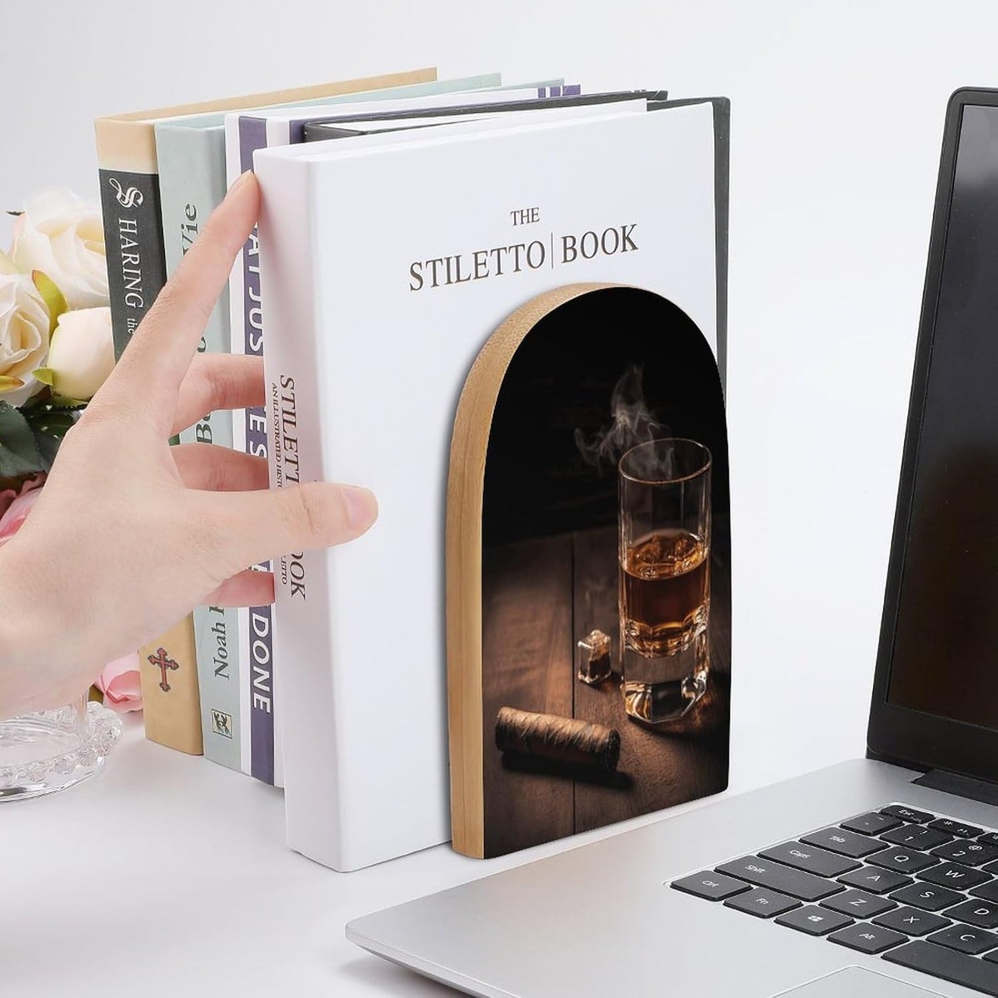 Cigar & Whiskey Bookend for Shelves Wooden Book End Large Size Sturdy Book Holders Stoppers with Metal Base for Bookshelves Slick Decorative Bookends Stands
