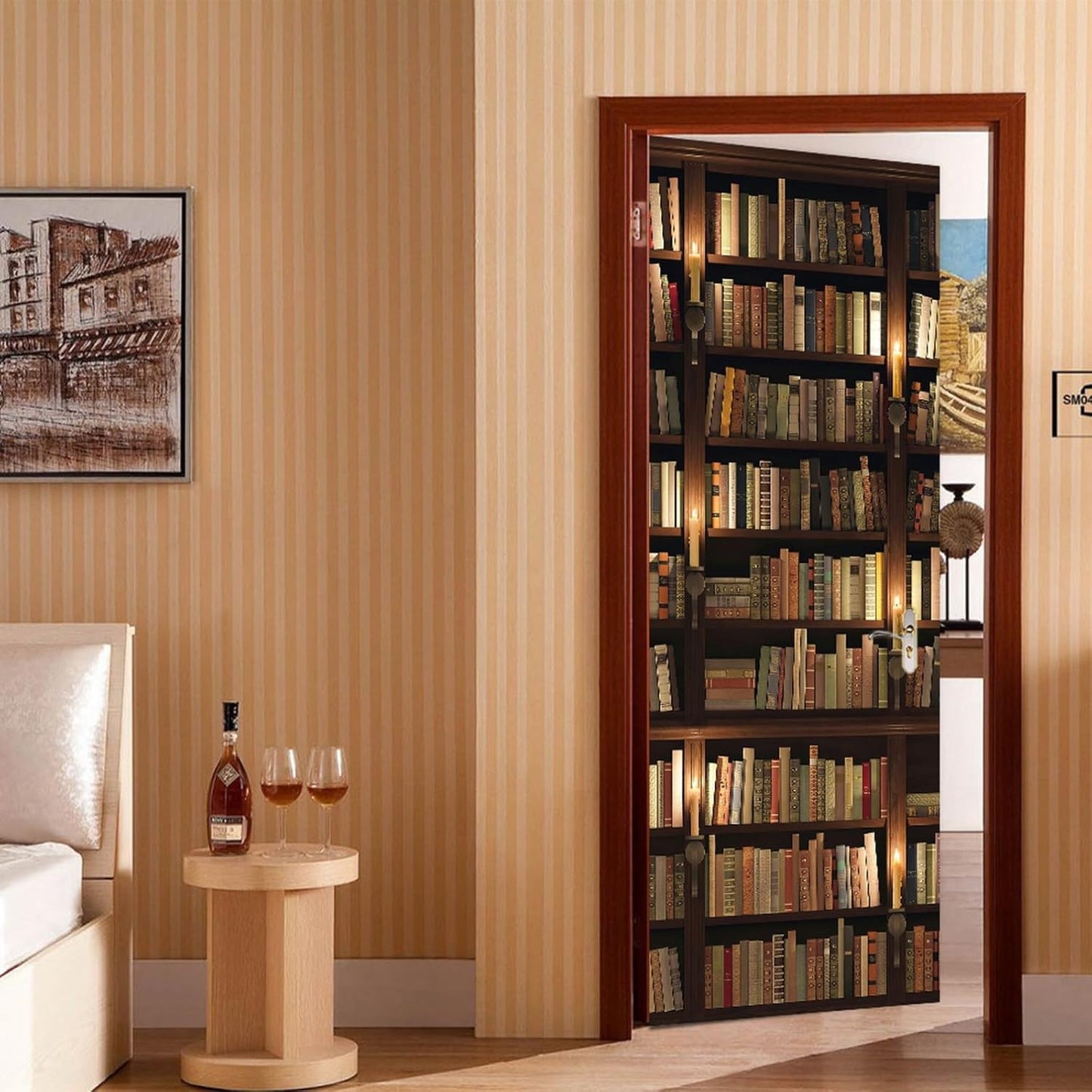 3D Door Stickers for Interior Doors Bookshelf Full of Old Books in Mysterious Library Vinyl Waterproof Self Adhesive Door Mural Decals for Bedroom Office Bathroom 77 x 200cm