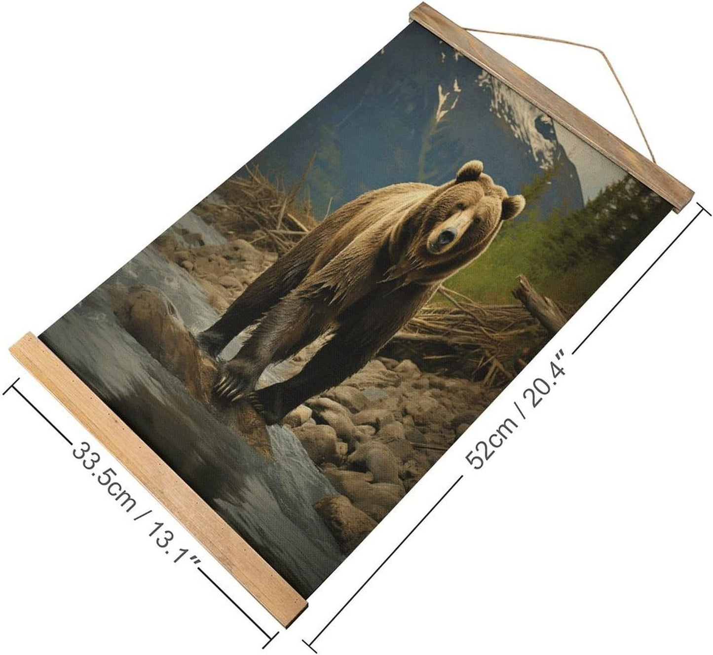Vintage Brown Bear Poster with Wooden Frame Personalized Linen Hanging Scroll Painting Rustic Wall Hanging Illustrative Modern Artwork Decor for Home Living Room Bedroom Office