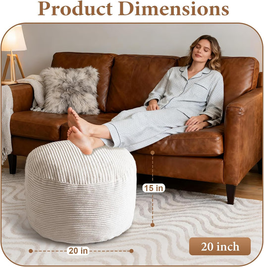 Foot Stools Ottoman,Round Stuffed Pouf Ottoman, Corduroy Poufs with Foam Chunk Filling, Furry and Fluffy Storage Ottomans, 20 X 15 Floor Poufs Foot Rest for Living Room