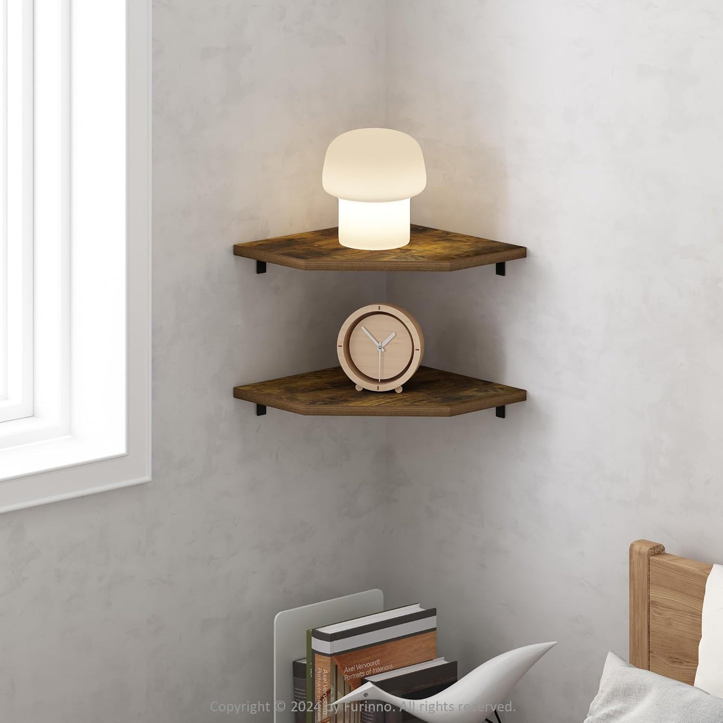 Furinno Rossi Hexagon Floating Shelves for Wall, Set of 2 Geometric Corner Shelf, Wall Mounted Shelves for Bathroom, Home Office, Living Room, Amber Pine
