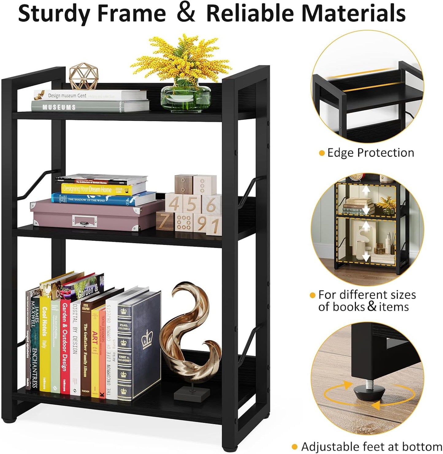 Hosfais Book Shelf Small Bookshelf - 3-Tier Wood Bookcase Industrial Bookshelf Metal Narrow Bookcase Storage Organizer Display Rack for Bedroom Living Room Home Office (Black)