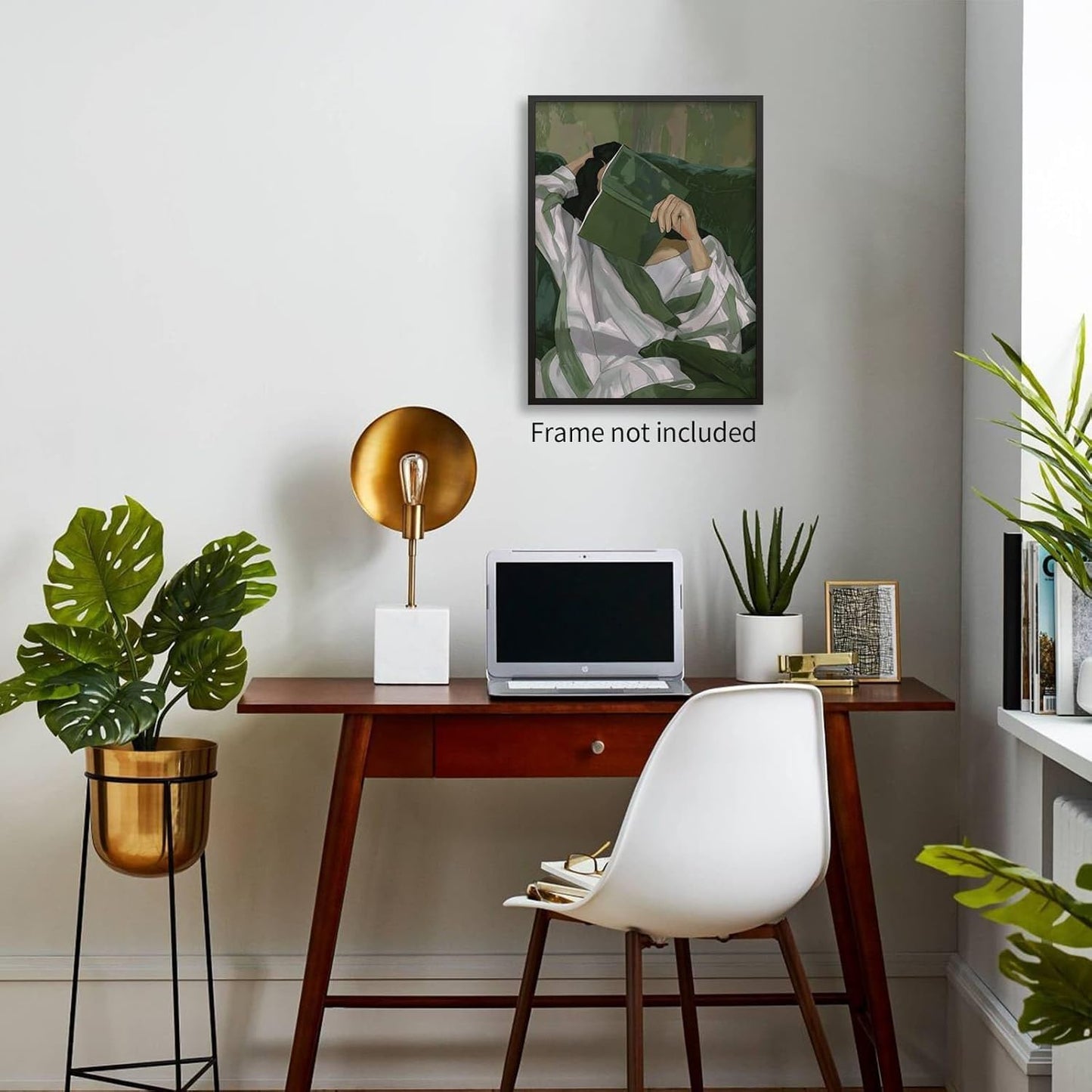 Trendy Women Reading Book Posters Emerald Green Wall Art Abstract Striped Decor Modern Feminine Canvas Prints Minimalist Woman Portrait Pictures Aesthetic for Living Room Bedroom House 12x16in Unframed