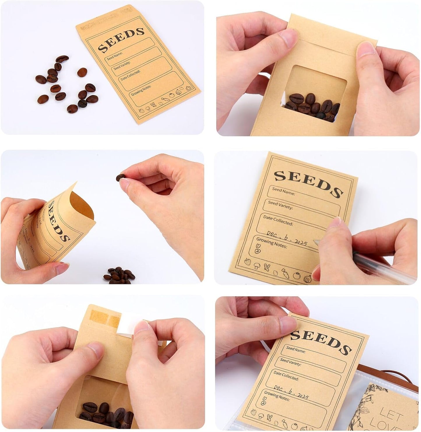 Seed Organizer Binder with 80 Resealable Envelopes - 40 Sheet Protectors for Garden Seed Storage (Brown)