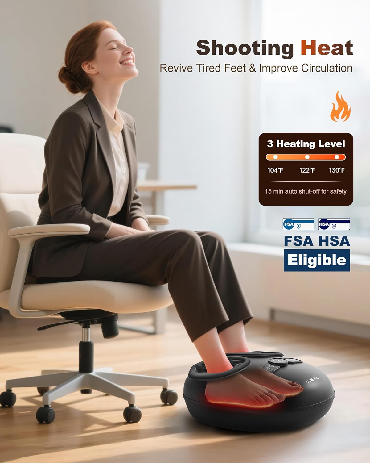 Beleduc Foot Massager with Heat and Compression, FSA Eligible, Deep Kneading Shiatsu Foot Massager for Plantar Fasciitis & Neuropathy, 3 Intensities, Washable Covers, Fits Up to Men Size 14