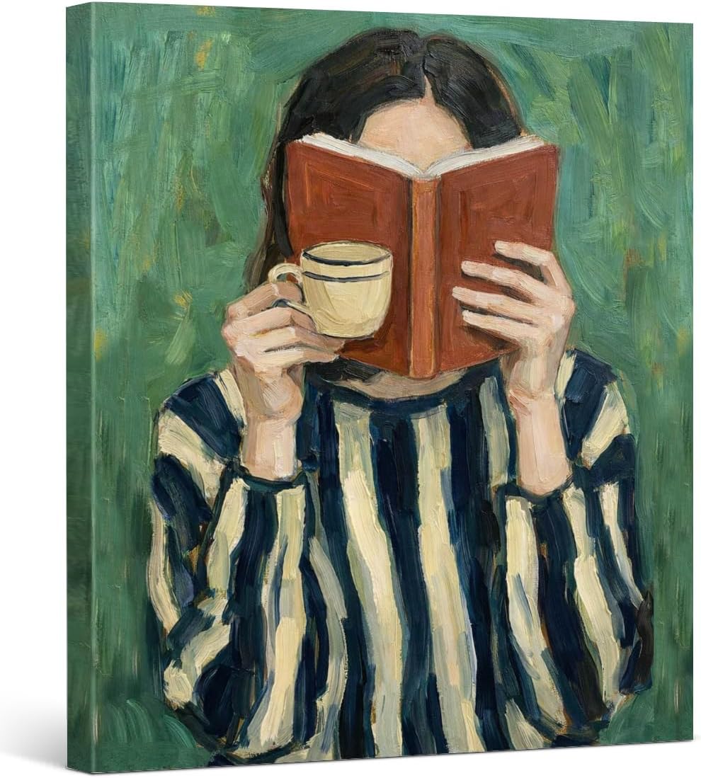 Modern Reading Wall Art, Aesthetic Green Bookish Wall Decor for Bedroom Study Room, Vintage Reading Woman Canvas Prints Poster Framed 8x10 Inch
