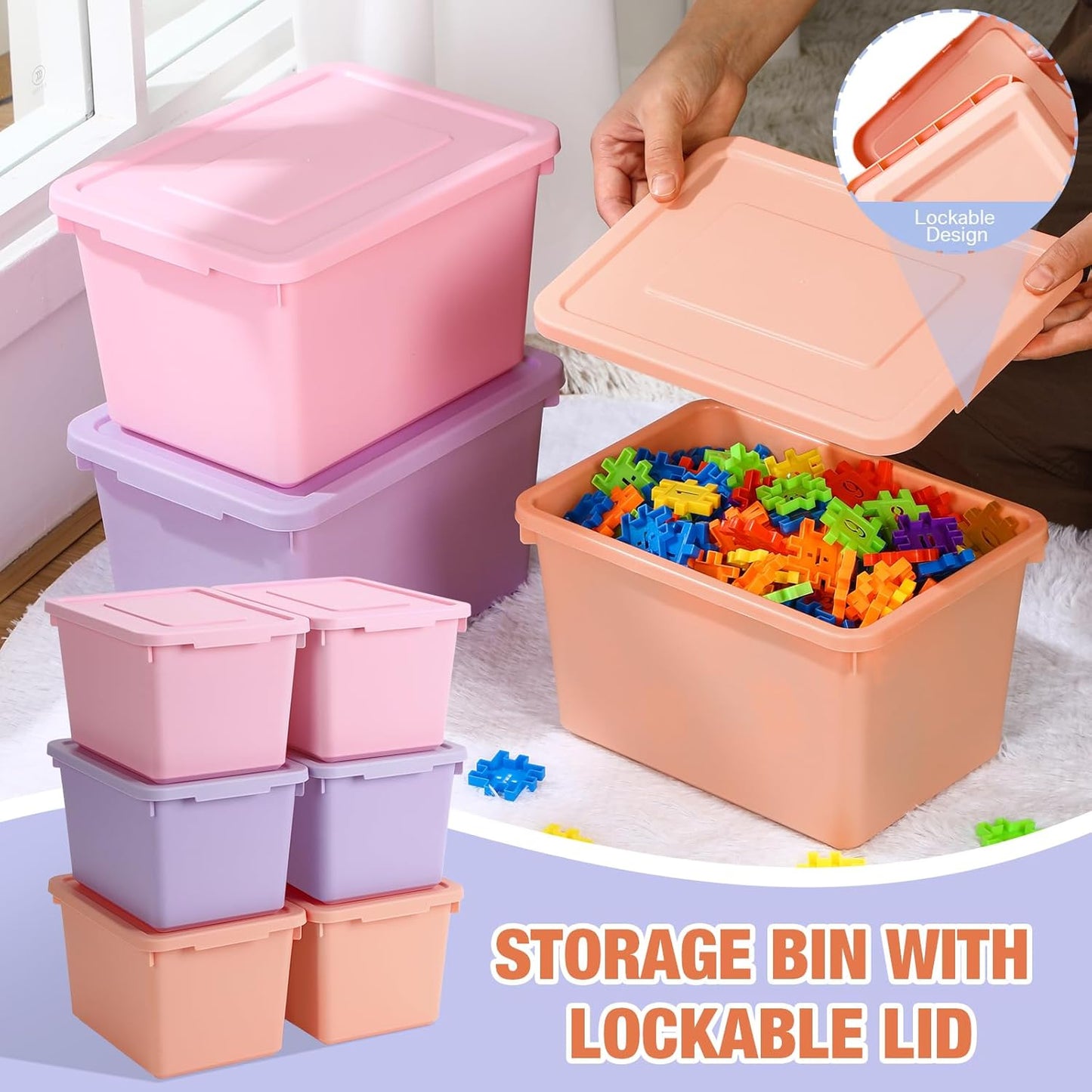6 Pack Cute Plastic Storage Bins with Lids Decorative Stackable Storage Boxes 9.8" ×7.3" ×5.7" Small Storing Totes for Organizing Craft Office Supplies (Pink,Purple,Orange)