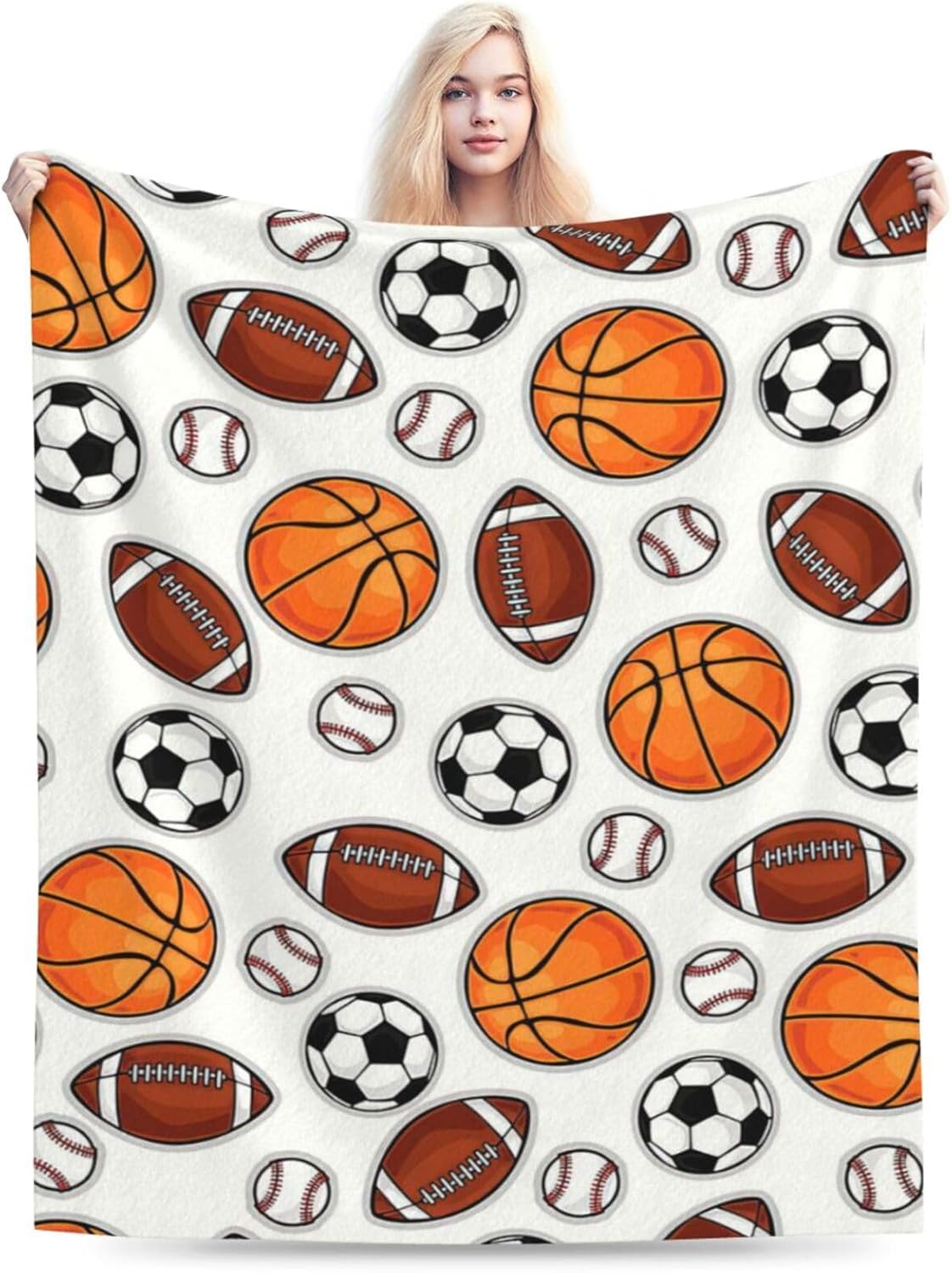 Sports Decor Ball Blanket Basketball Baseball Football Soccer Throw Blanket Warm Cozy Fleece Sports Gifts Blanket for Boys Girls Kids Teens Fans 50"X60"