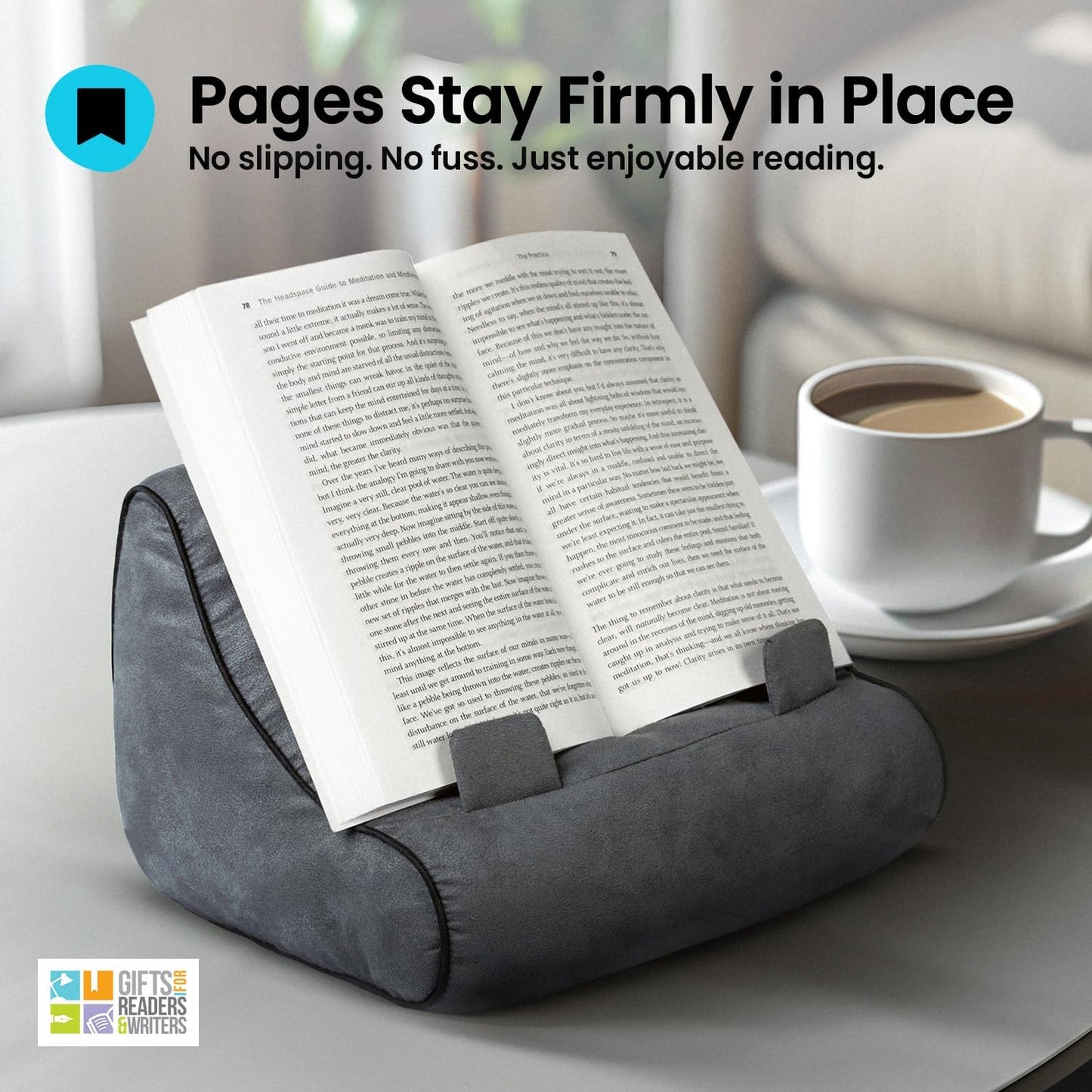 Gifts for Readers & Writers Tablet & Book Stand, Soft Reading Pillow, Book Holder with Pockets for Storage, Suitable for eReader/iPad/Kindle or Galaxy Devices, Book Couch Gray
