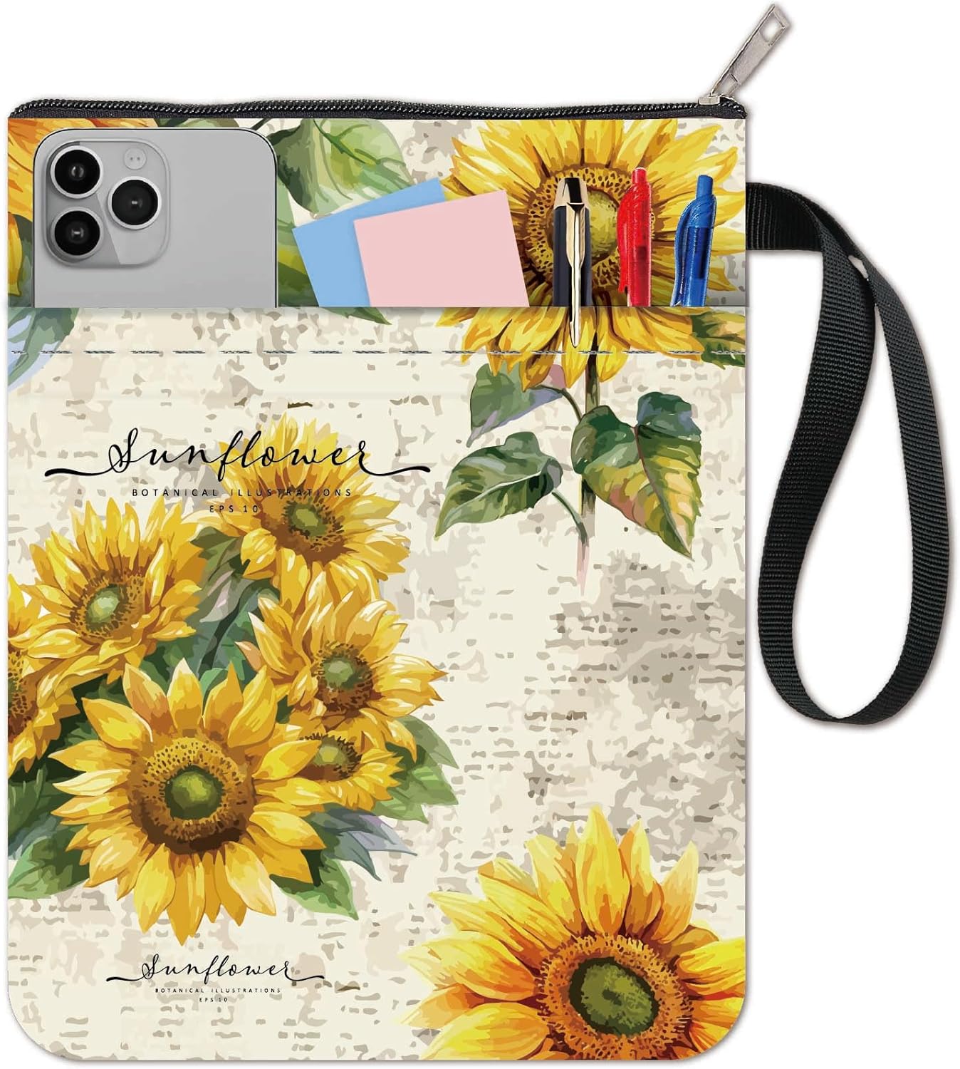 CRASPIRE Sunflower Book Sleeve with Zipper, Canvas, Floral Pattern, Book Cover for Hardcover, Paperbacks, Soft Books, Multi-function Pouch