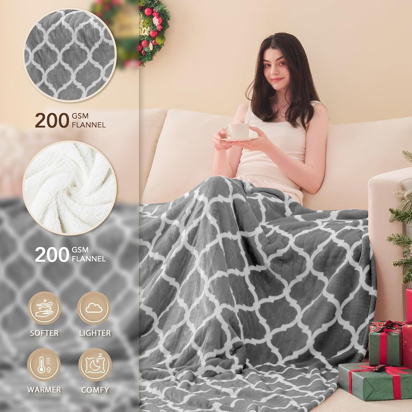 Homemate Heated Blanket Electric Throw - 50“x60“ Heating Blanket with 10 Fast Heat Levels 8 Hours Auto Off Soft Cozy Flannel Over-Heated Protection ETL Certification Keep Warming in Home