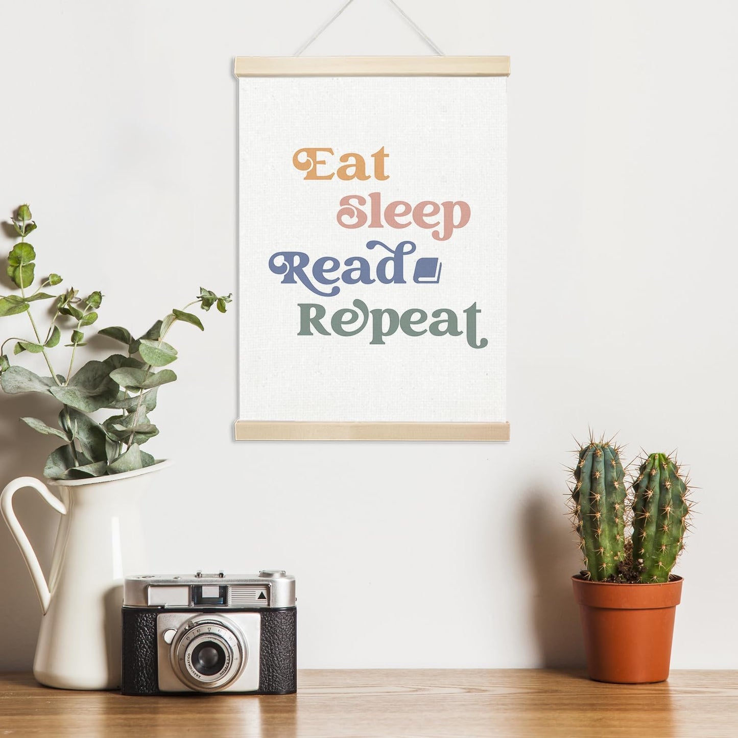 Voxitura Eat Sleep Read Repeat Poster Hanger Frame, Nursery Classroom Wall Decor Art Canvas for Book Lovers Library Reading Nook Corner, Educational Prints for Wall Hanging Decor Banner 12x16in