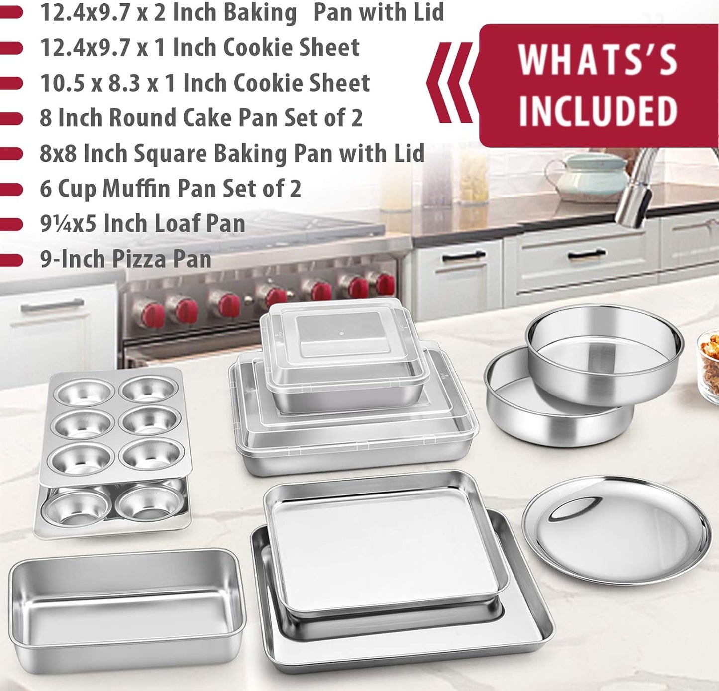 E-far 12-Piece Stainless Steel Bakeware Sets, Metal Baking Pan Set Include Round Cake Pans, Square/Rectangle Baking Pans with Lids, Cookie Sheet, Loaf/Muffin/Pizza Pan, Non-toxic & Dishwasher Safe