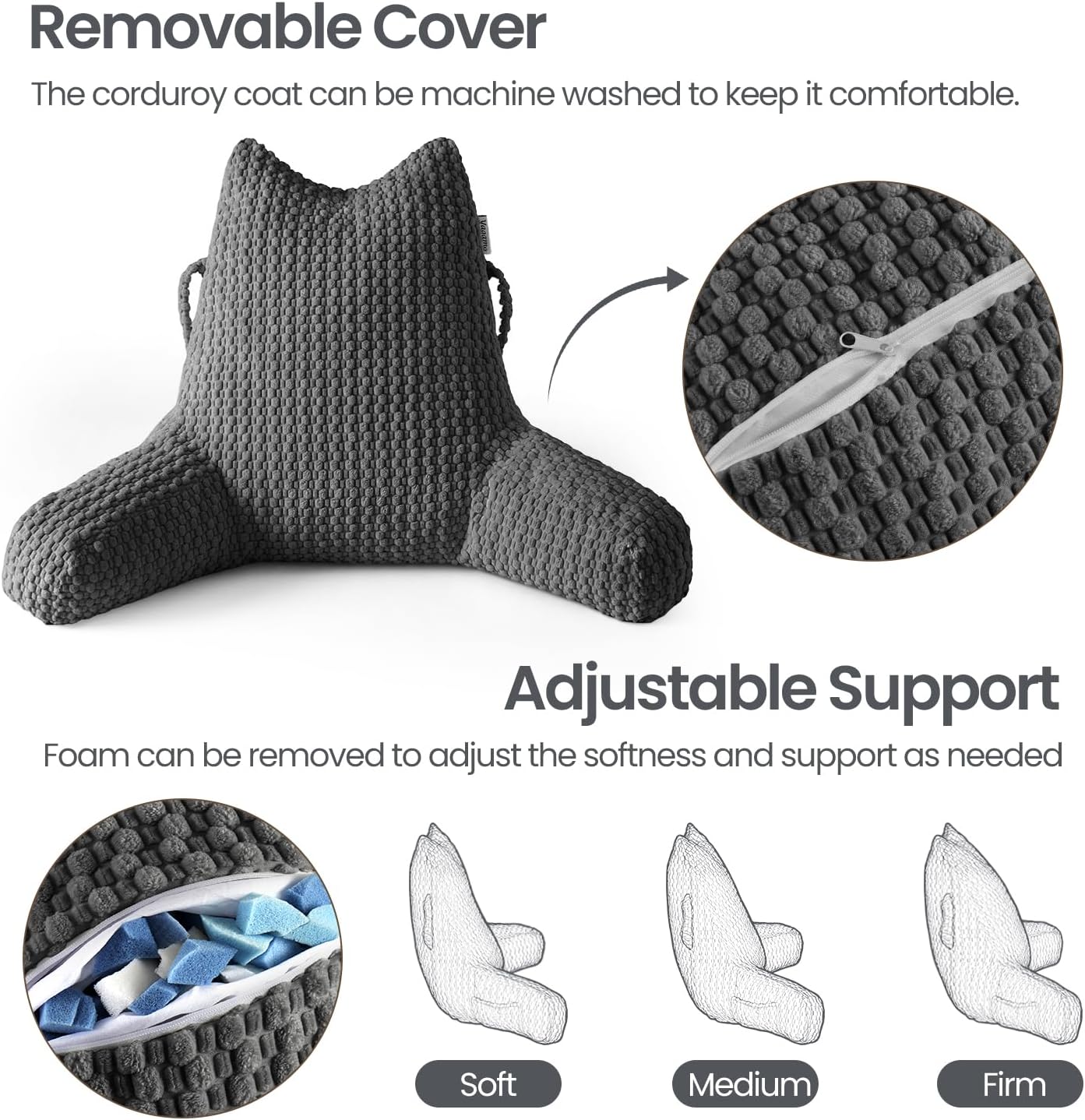 Reading Pillow, Backrest Pillow with Shredded Memory Foam, Back Support Cushion for Bed and Couch Sitting Up, Bed Pillow with Arms, Pockets and Washable Cover-Grey