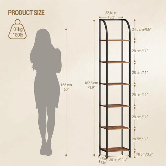 Bookshelf Narrow Bookcase, Tall Storage Rack with Steel Frame, Display Standing Shelf Unit, Skinny Book Shelf for Study Living Room Home Office, Industrial Style, 6-Tier Rustic Brown BC56001B