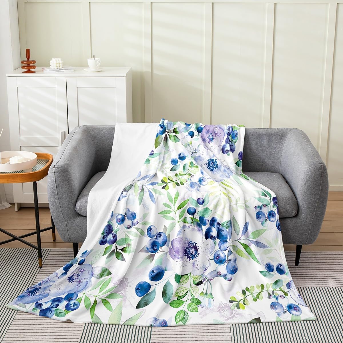 Feelyou Blueberries Flannel Fleece Throw Blanket Baby 30"x40" Kids Fresh Fruits Plush Blanket for Boys Girls Teens Botanical Flowers Fuzzy Blanket Tropical Fruit Print All Season Bed Blanket