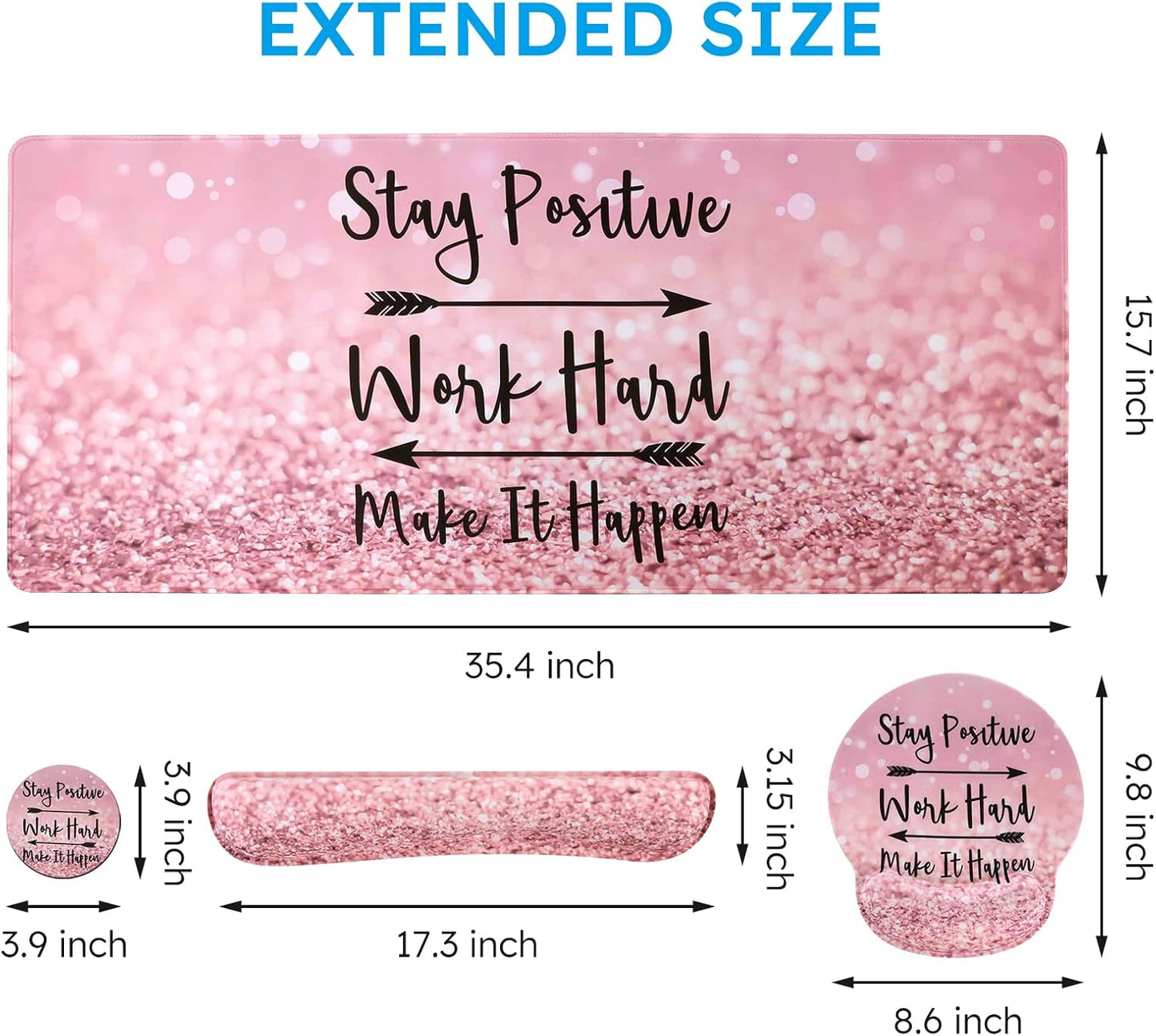 iCasso Mouse Pad,Large Pink Desk Mat Set, 4in1 XXL Mousepad + Keyboard Wrist Rest+Mouse Wrist Rest+Coaster with Ergonomic Desk Pad for Home Office Table Computer Cover -Pink Stay Positive