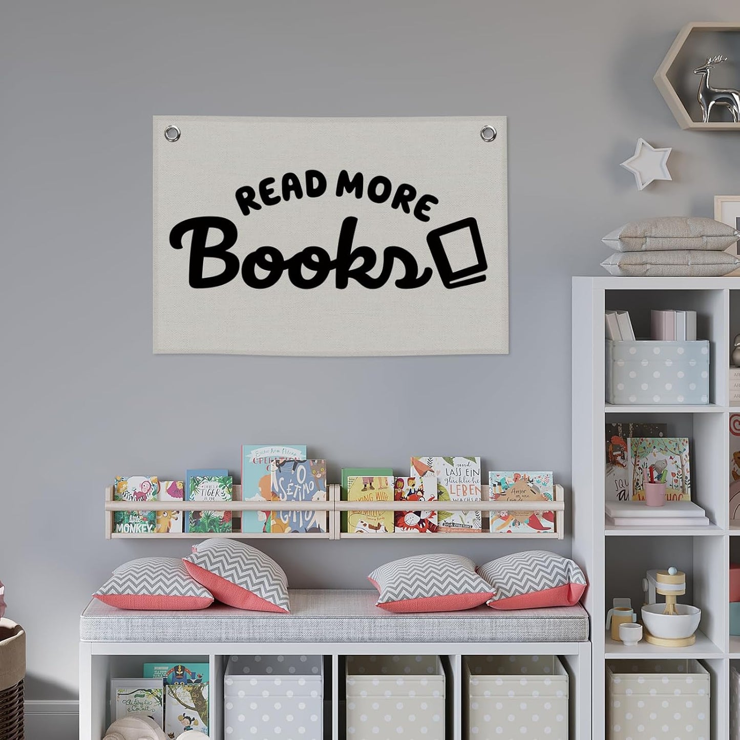 Reading Classroom Kids Banner Canvas, Read More Books Reading Corner Nook Decor, Library Hanging Flag Sign, Nursery Wall Tapestry Art for Dorm Toddler Room School Bedroom Decor 20x30in