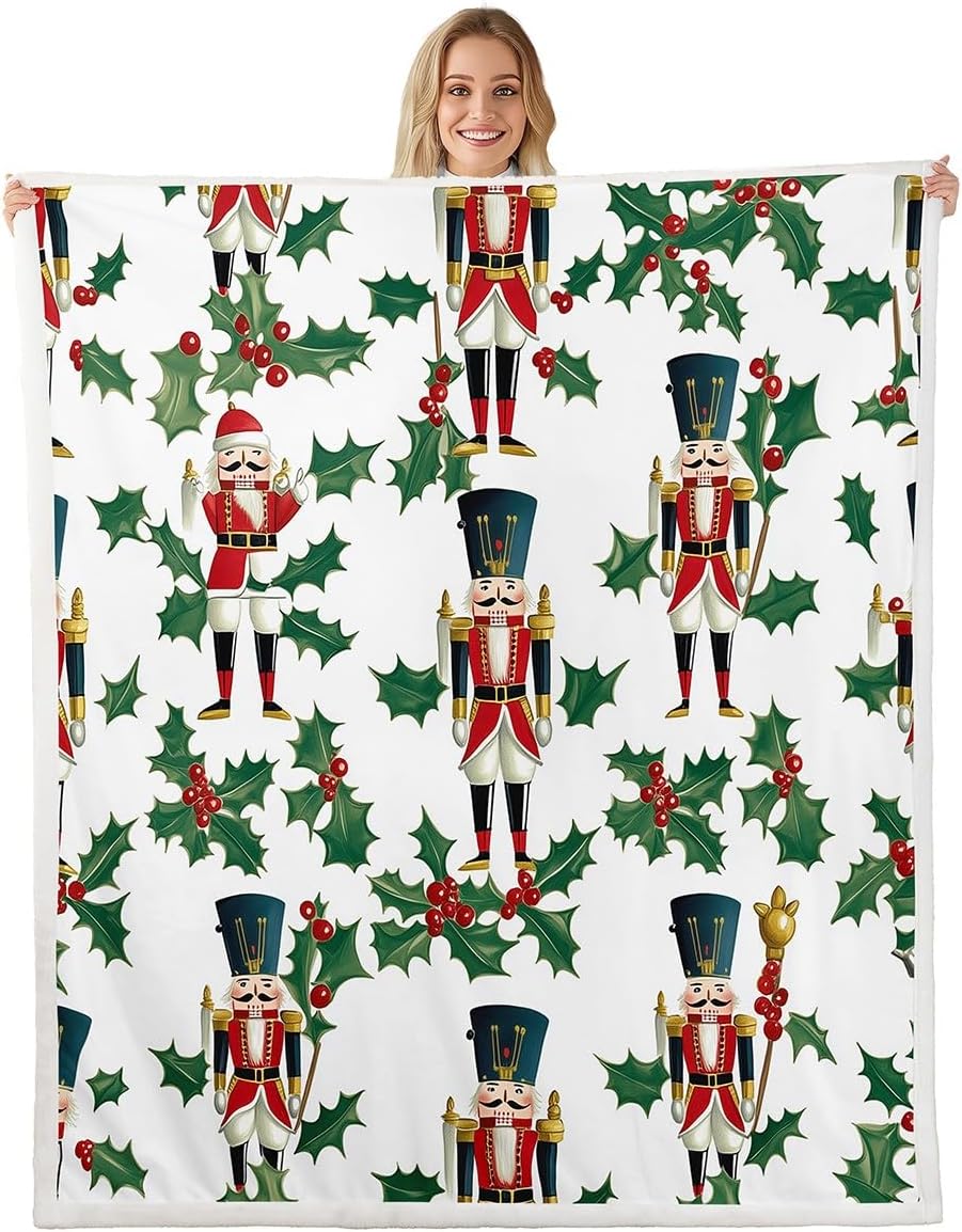 Feelyou Christmas Fleece Throw Blanket Throw 50"x60" Nutcracker Plush Blanket Snowflake Sherpa Santa Claus