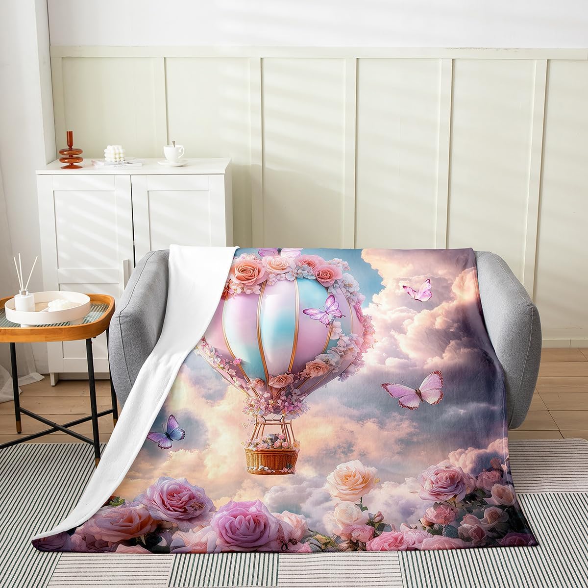 Castle Fairy Romantic Hot Air Balloon Throw Blanket Garden Pink Purple Rose Butterfly Decor Flannel Blanket for Kids Girls Teens Adults 3D Dreamy Sky Print Bed Blanket for Bed Sofa Throw 50x60