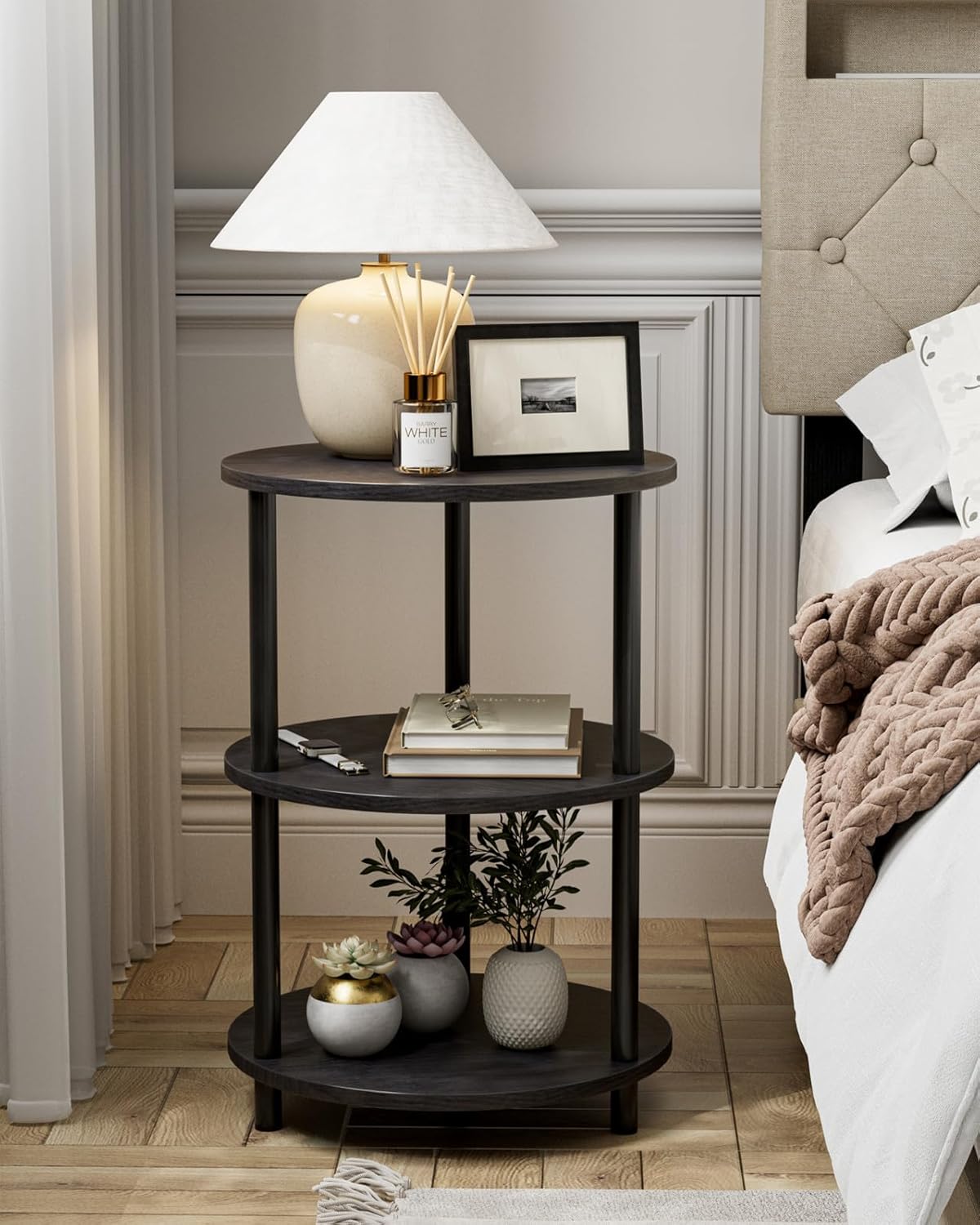 Small Round End Table - 3 Tier Design Accent Table, Narrow Side or Bedside Stand, Industrial Vintage Nightstand for Bedroom, Living Room, or Small Spaces, Charcoal Wenge