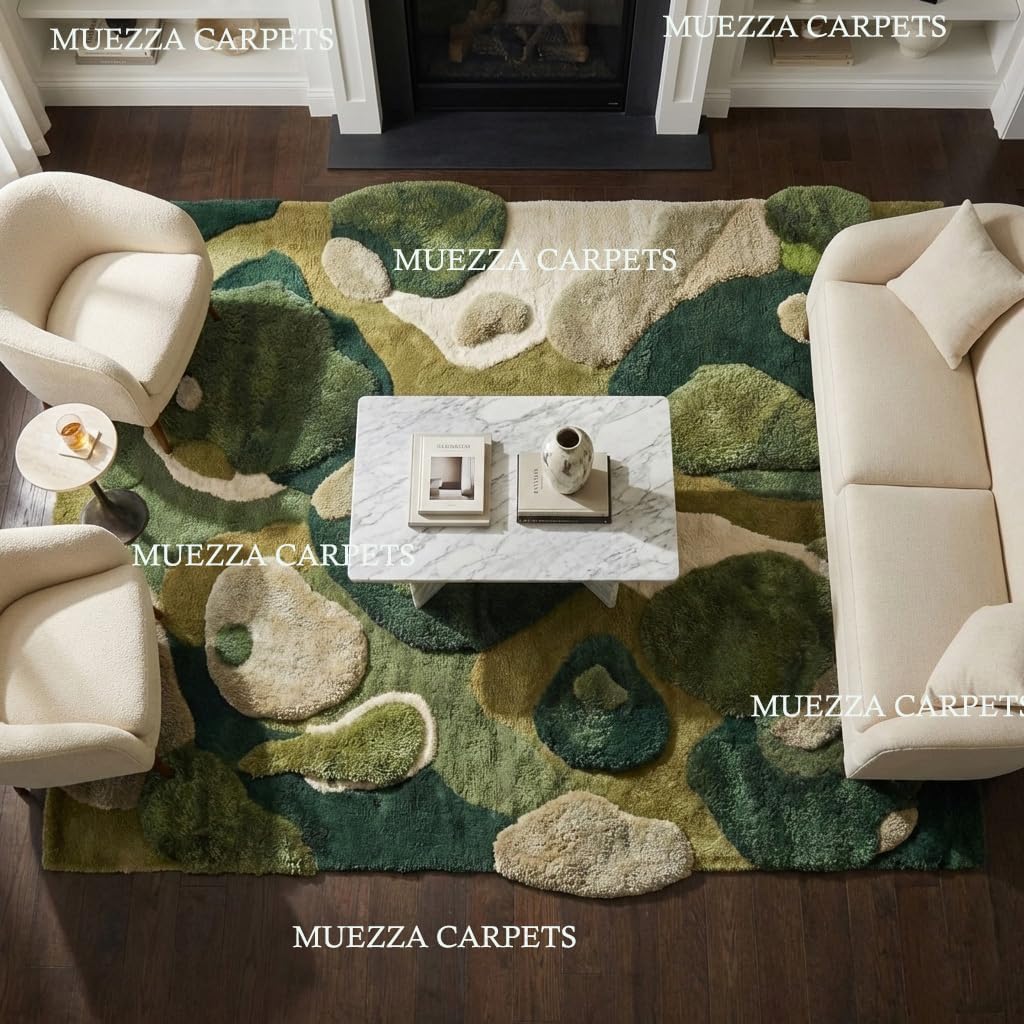 Hand Tufted Wool Abstract Area Rug 3x5 ft | Plush Modern Green Beige Accent Rug | Sculpted Organic Style
