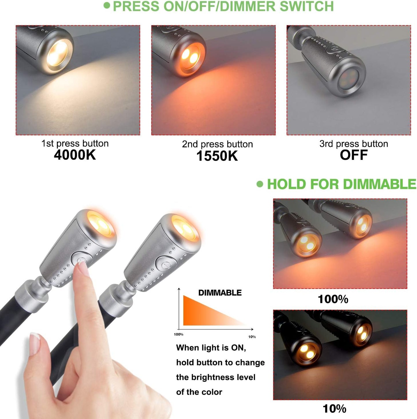 LED Neck Reading Light, Rechargeable 8 LED 2 Modes, Bendable Arms Swing Head, Brightness Adjustable Amber Light for Reading, Camping, Repairing, Knitting
