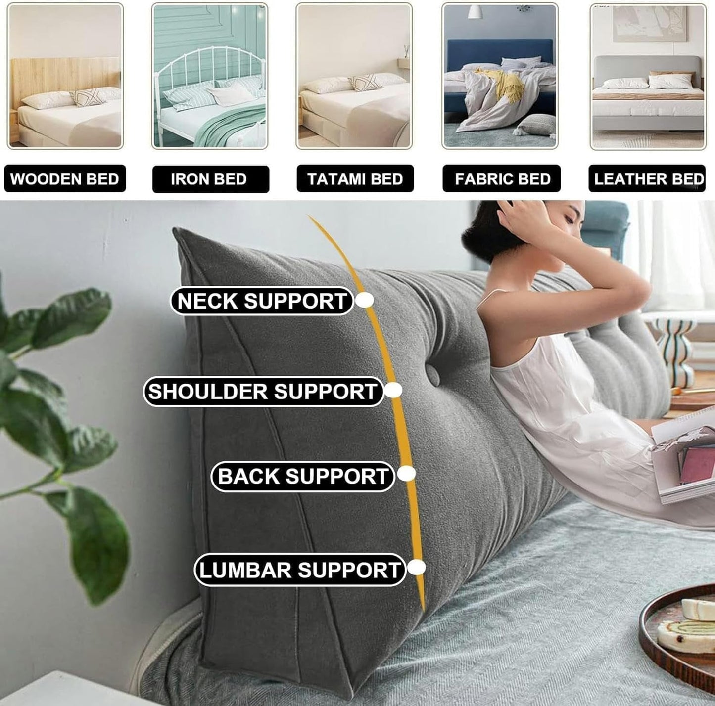 Triangular Headboard Pillow, Large Wedge Reading Pillow Back Positioning Support Long Cushion, Bed Back Support Rectangular Pillow for Reading and Playing in Bed Sofa Bed Backrest