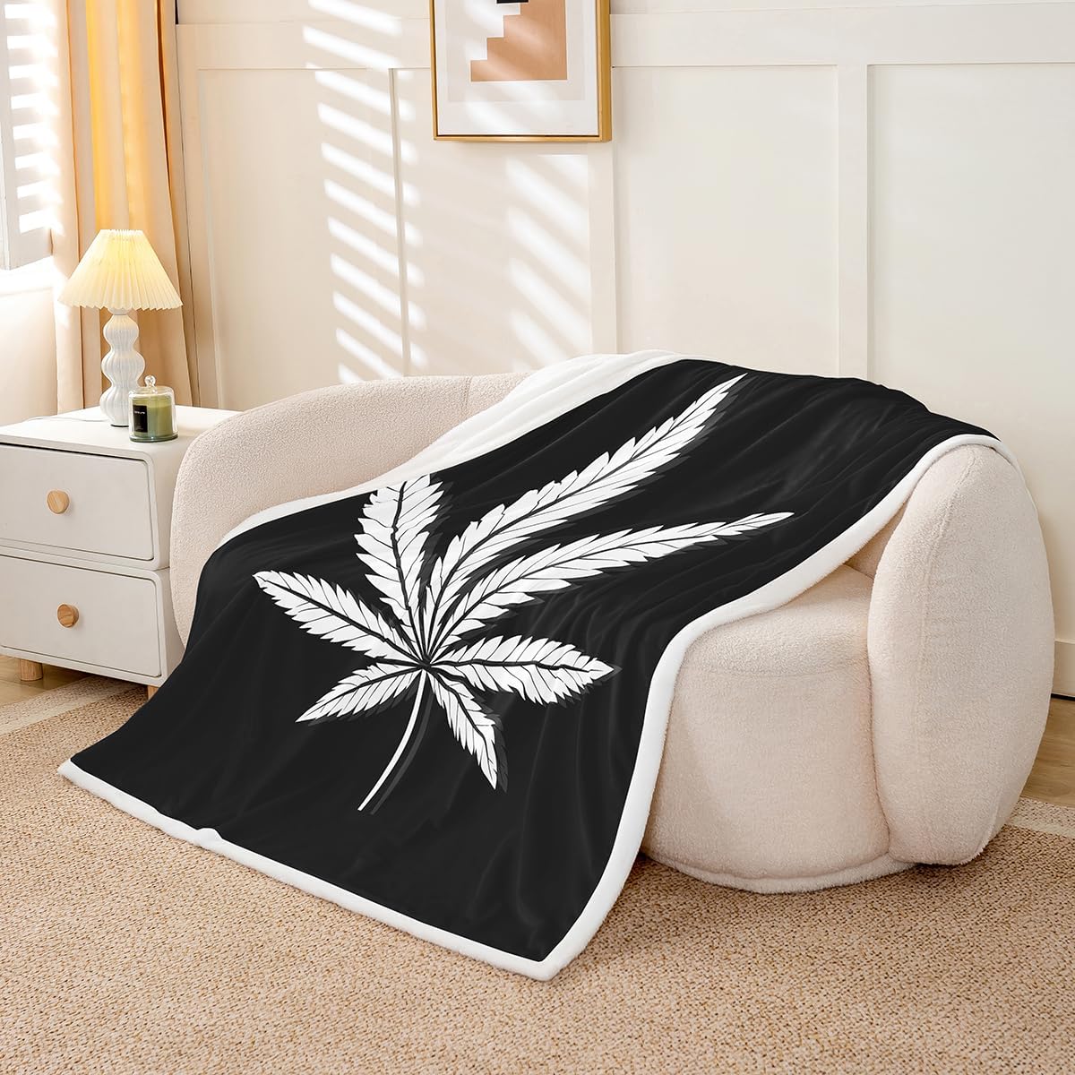Feelyou Marijuana Sherpa Blanket Cannabis Leaves Throw Fleece for Couch Bed Sofa Men Bedroom Decor Black White Pattern Fuzzy 50"x60"