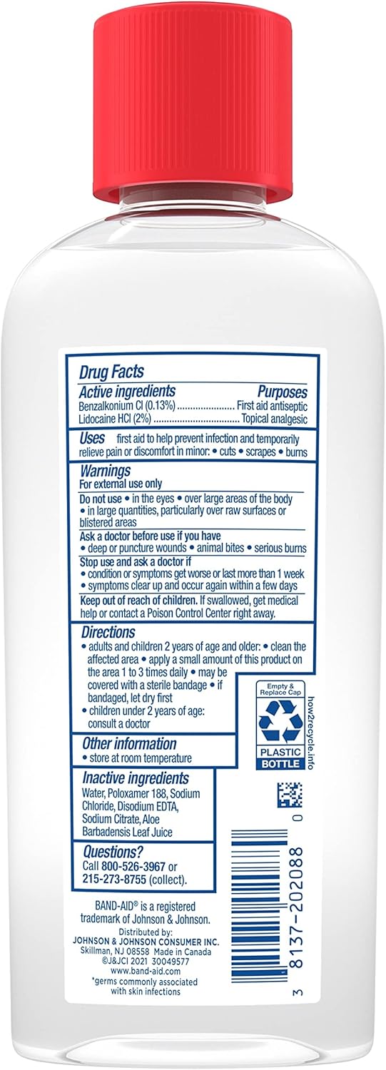Band-Aid Brand Antiseptic Cleansing Liquid, First Aid Antiseptic Wash Relieves Pain & Kills Germs, with Benzalkonium Cl Wound Antiseptic & Lidocaine HCl Topical Analgesic, 6 fl. oz