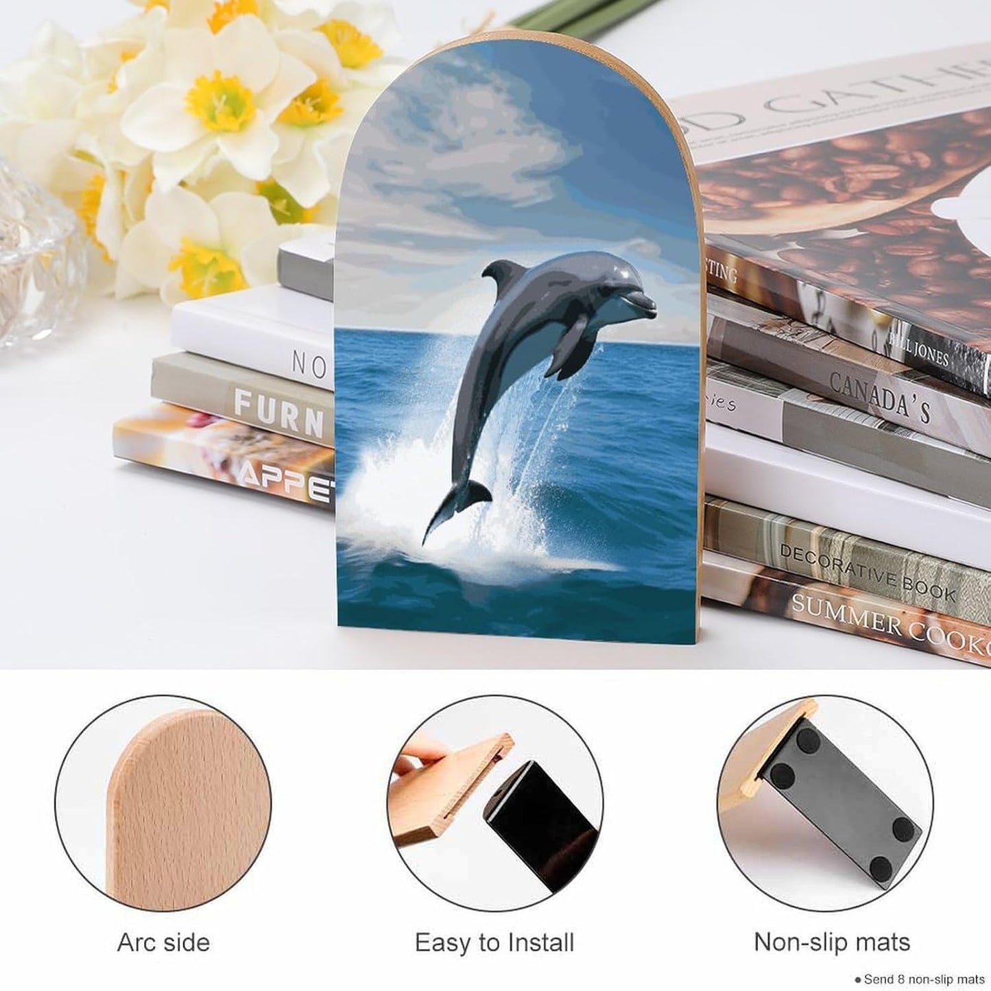 Jumping Up Dolphins Bookends 1 Pair Heavy Duty Book Ends for Shelves Non-Skid Bookend Supports Wooden Book Holders with Metal Base Desk Organizers Books Storage to Hold Books