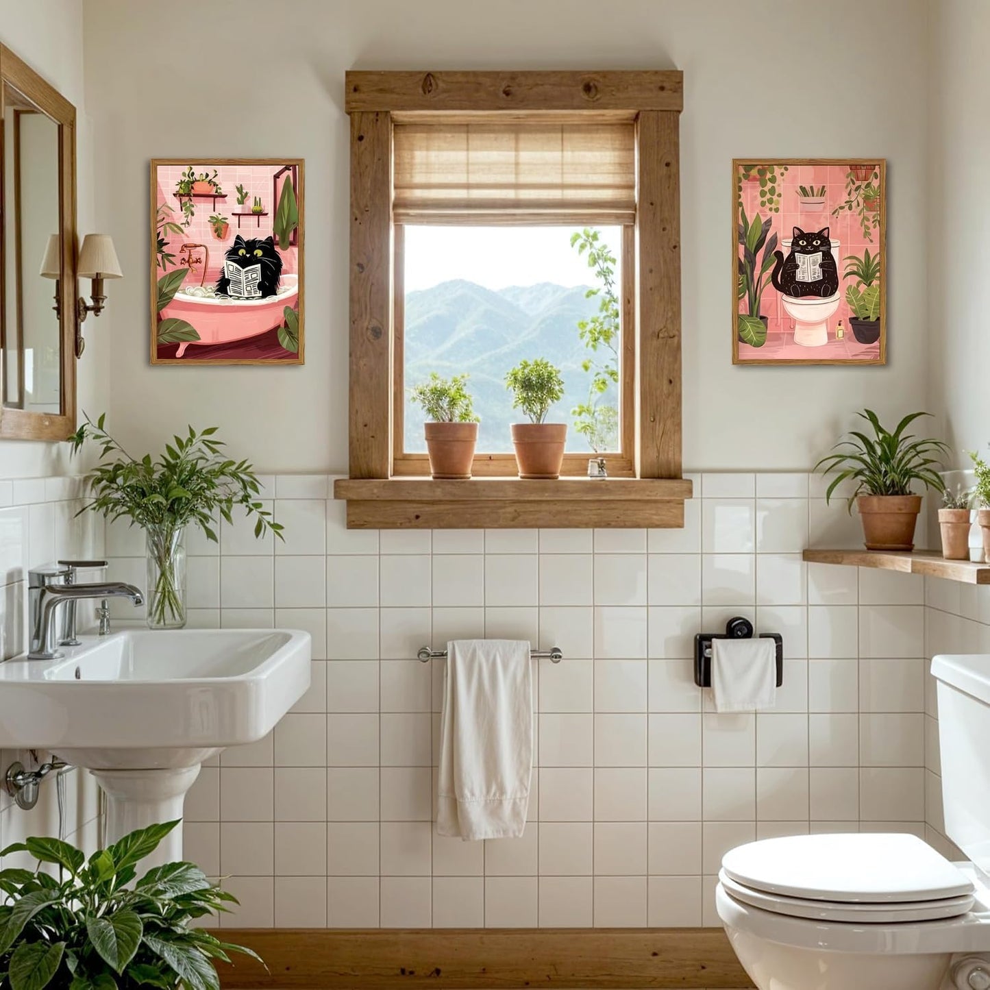 Framed Funny Bathroom Black Cat Canvas Wall Art Set of 2, Cute Cat Reading Newspaper on Toilet Pictures Wall Decor, Humor Animal in Bathtub Paintings Prints for Restroom 16x24 inch