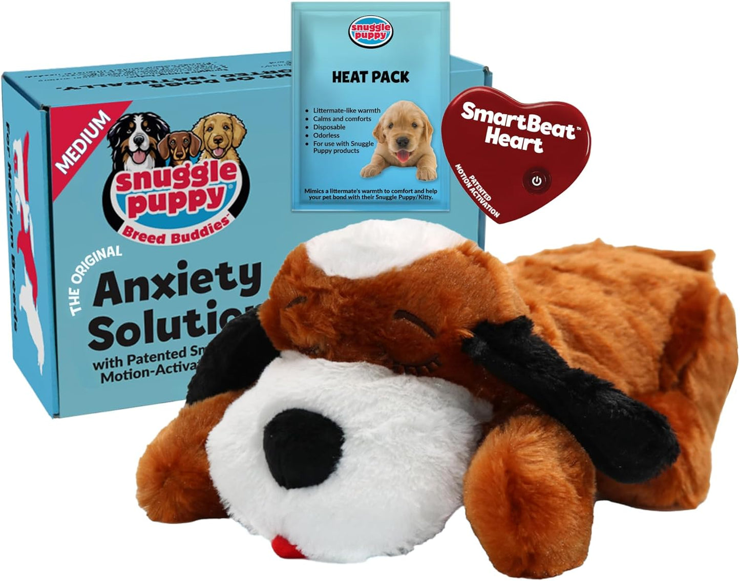 Snuggle Puppy Heartbeat Dog Toy for Puppies, Real-Feel Heartbeat, Calming Sleep Aid and Crate Training Comfort Toy with Heat Pack, Brown & White Beagle