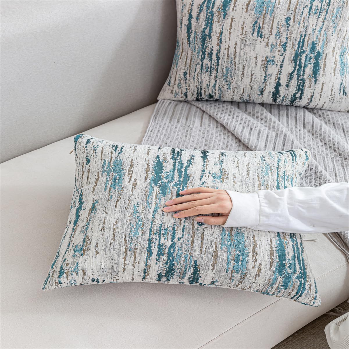 Lumbar Pillow Covers 12x20 Inch Set of 2 - Chenille & Jacquard Textured Cushion Covers with Abstract Striped Design - Modern Coastal Decor in Cream Beige & Teal Ombre