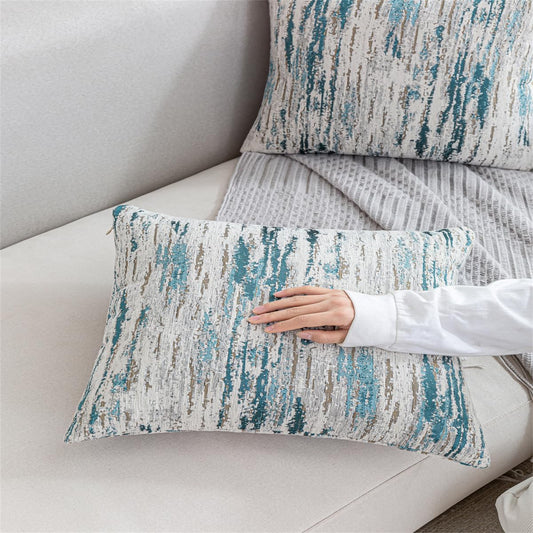 Lumbar Pillow Covers 12x20 Inch Set of 2 - Chenille & Jacquard Textured Cushion Covers with Abstract Striped Design - Modern Coastal Decor in Cream Beige & Teal Ombre