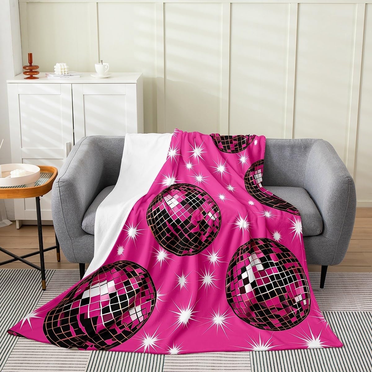 Feelyou Disco Ball Fuzzy Blanket Throw 50"x60" 70s Party Flannel Fleece Throw Blanket for Sofa Couch Kids Boys Girls Colorful and Funky All Season Bed Blanket Pink Plush Blanket