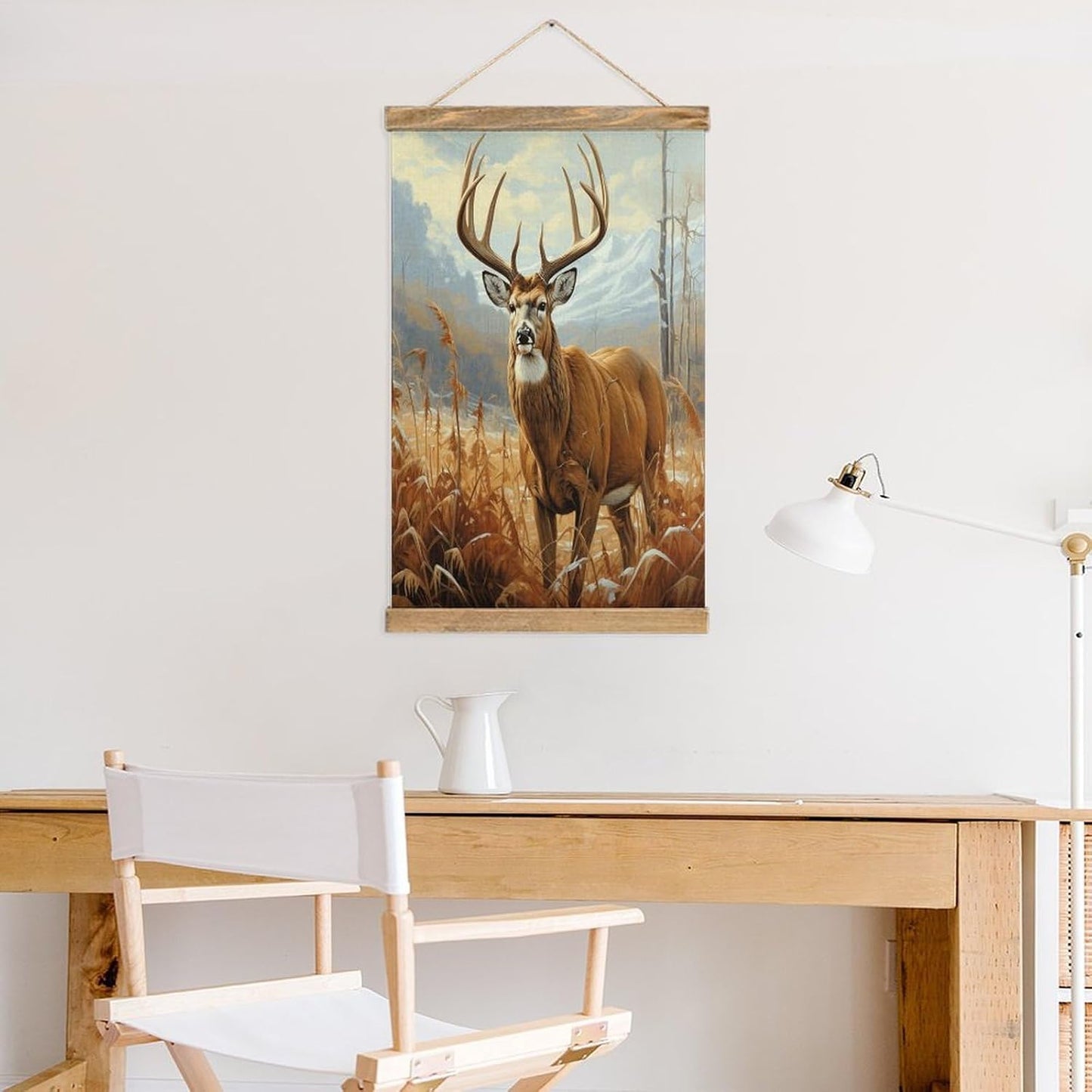 Vintage Buck Deer Poster with Wooden Frame Personalized Linen Hanging Scroll Painting Rustic Wall Hanging Illustrative Modern Artwork Decor for Home Living Room Bedroom Office