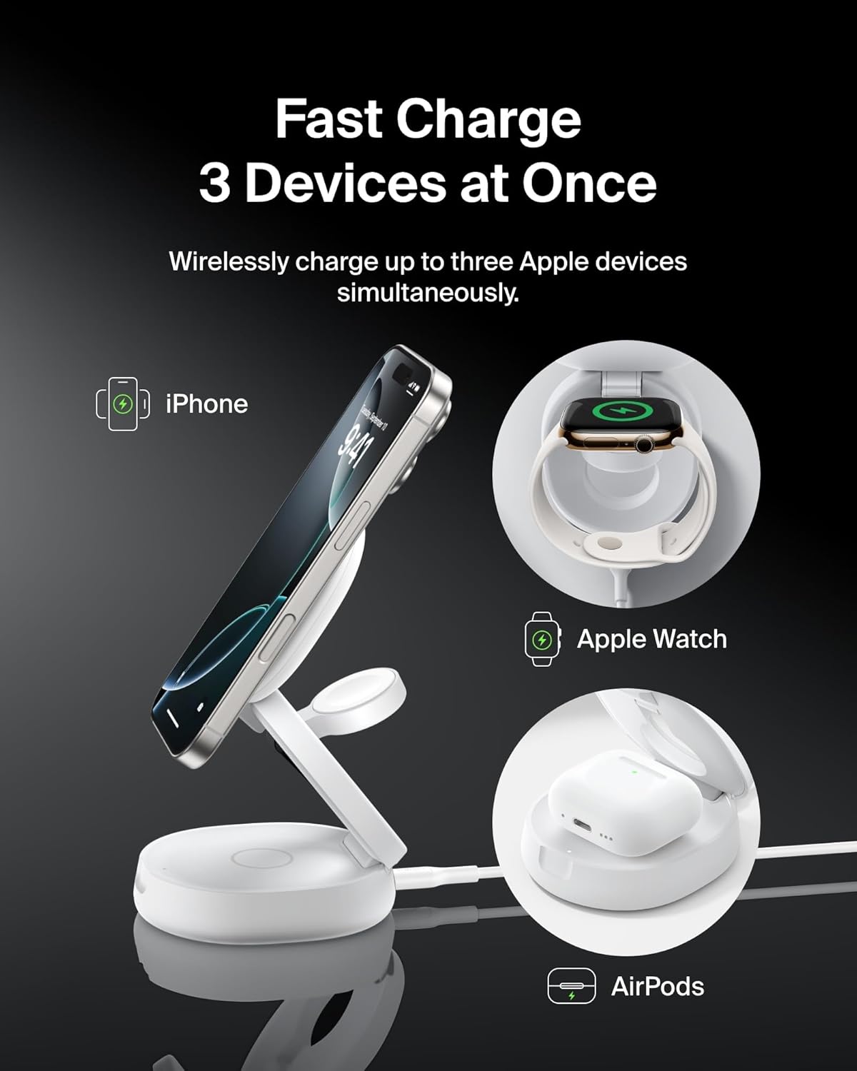 Belkin MagSafe Charger Compatible, 3-in-1 Qi2 15W Wireless Charging Station, Convertible Wireless Charger for iPhone 17, Apple Watch, AirPods, Pixel 10, Phone Stand for Travel w/ 36W Adapter - White