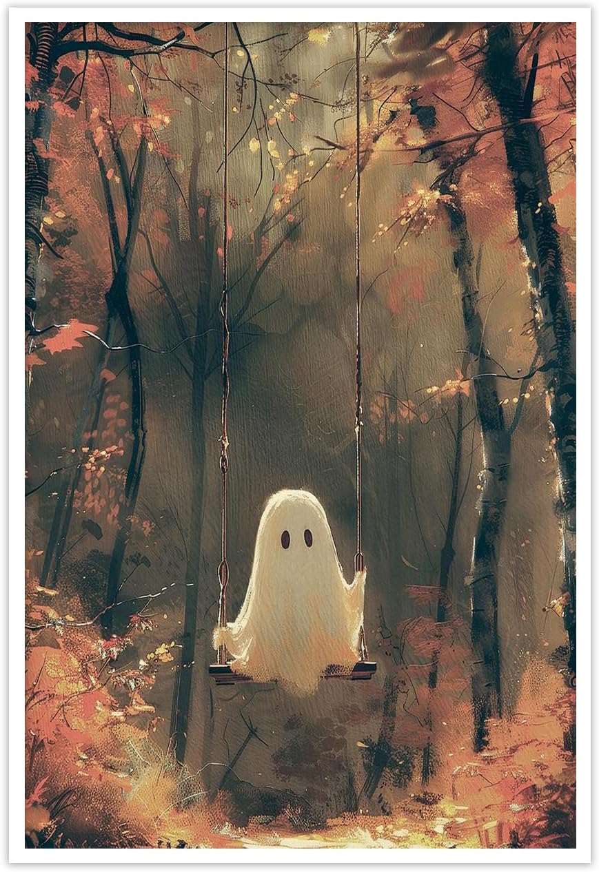 Vintage Cute Ghost Canvas Wall Art Funny Ghost on A Swing in The Forest Aesthetic Poster Gothic Dark Academia Wall Decor Spooky Fall Gothic Cute Decor 11x14in Unframed