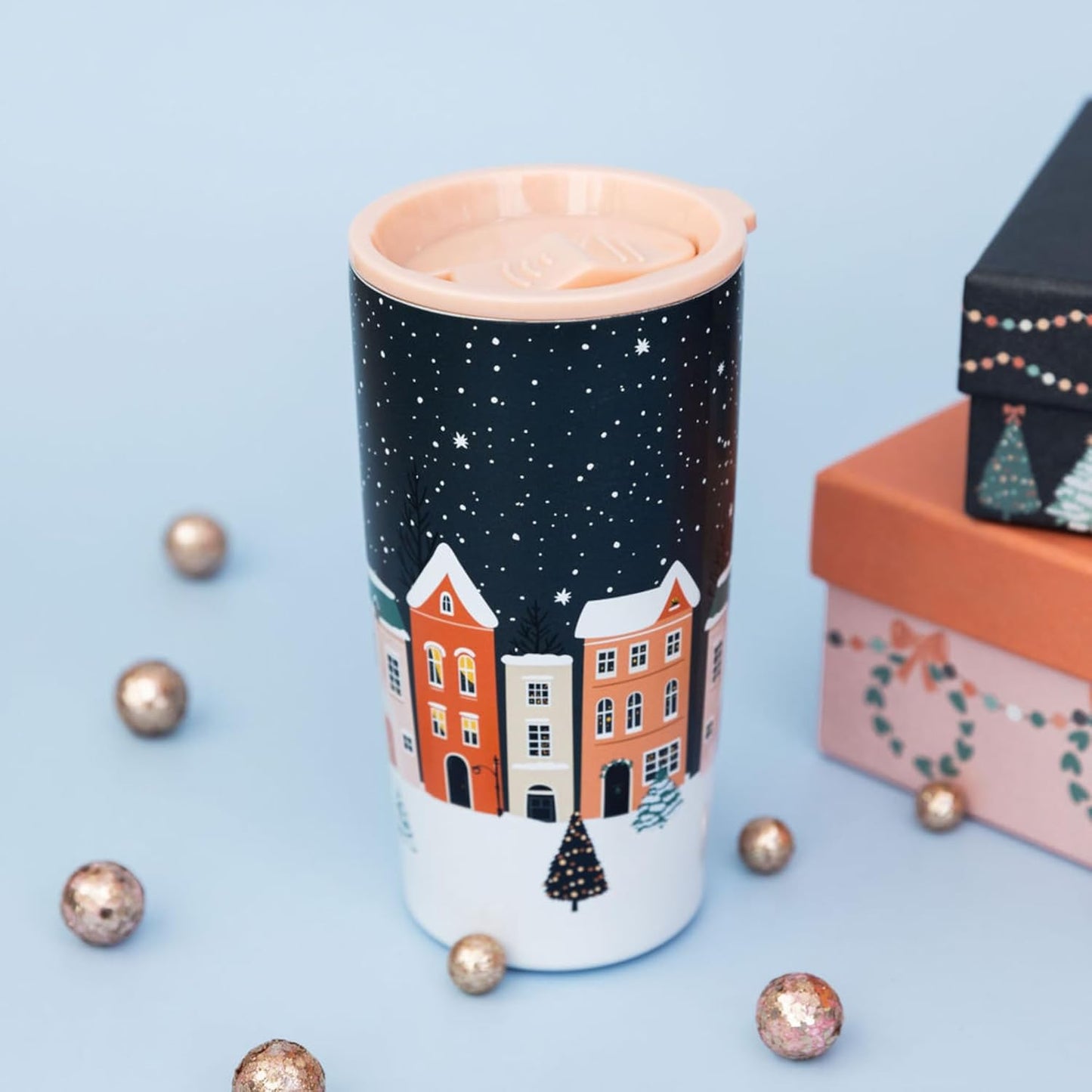 Steel Mill & Co Holiday Village Stainless Steel Tumbler, Festive Coffee/Tea Cup with Charming Christmas Design, Holiday Village