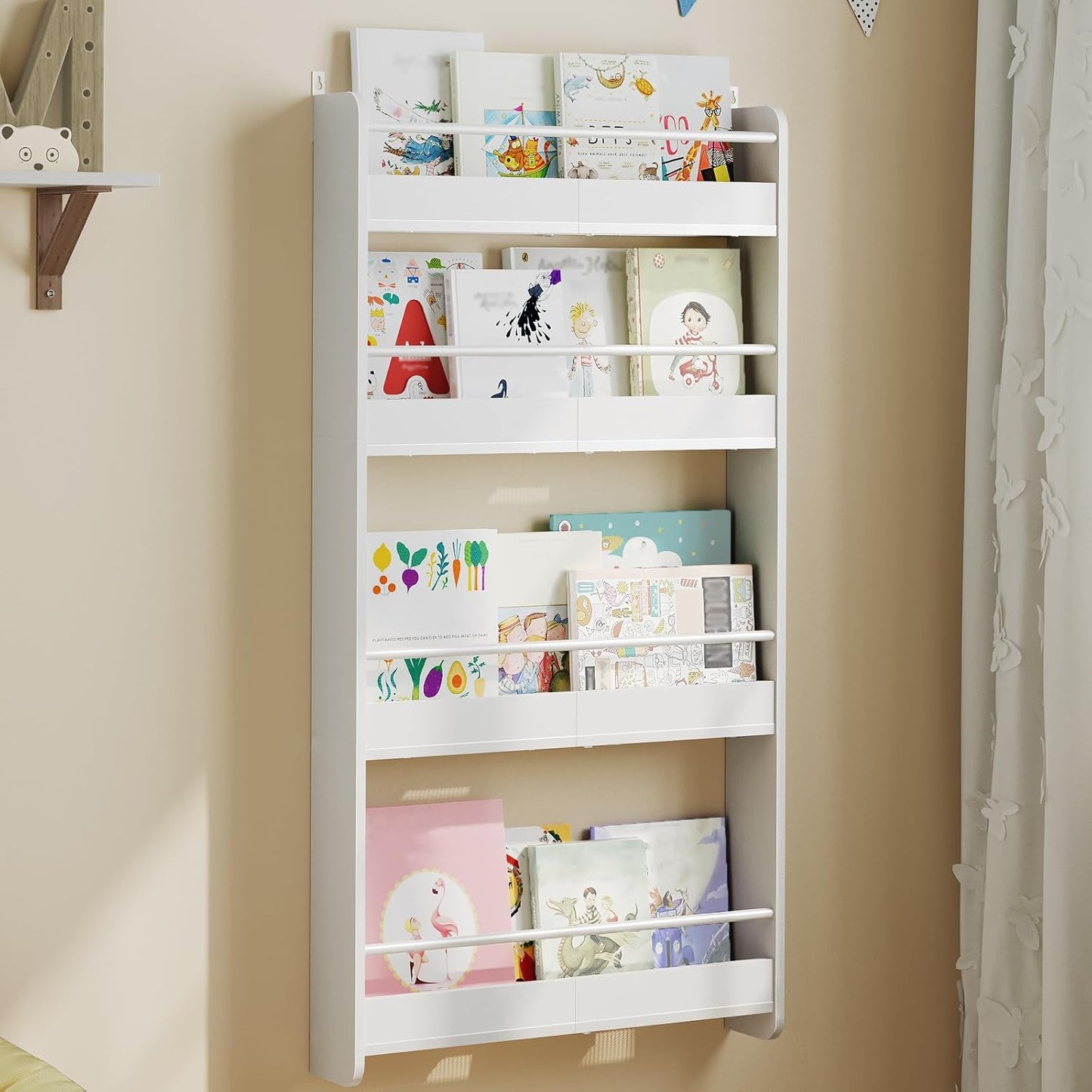 Kids Bookshelf, 4-Tier Wall Mount Bookshelf for Kids, Wooden Nursery Bookshelves, Hanging Book Shelf for Kid Room, Playroom, Bedroom, Living Room, White BKBW7601N1