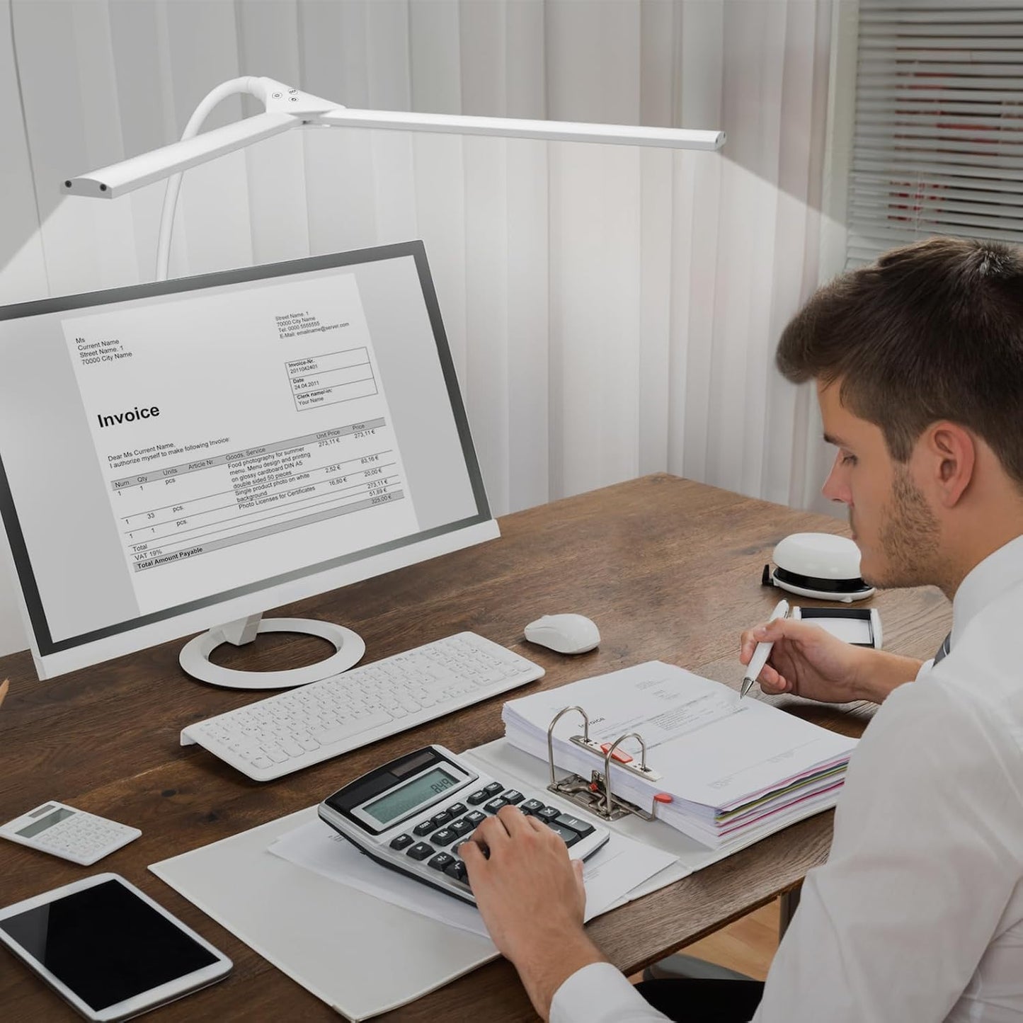 LED Desk Lamp with Clamp, Double Head Desk Light for Home Office, Dimmable Desktop Light, 12W 1400lm Eye-Caring Architect Table Lamp for Workbench Monitor Computer Reading Study, White