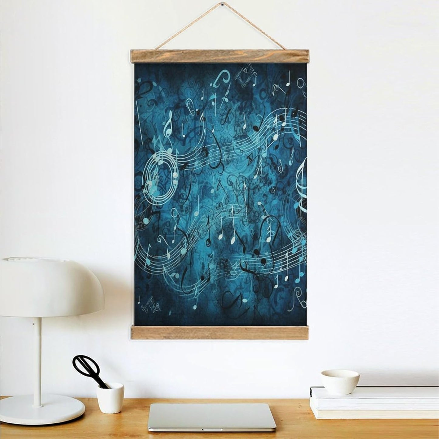 Vintage Blue Musical Notes Poster with Wooden Frame Personalized Linen Hanging Scroll Painting Rustic Wall Hanging Illustrative Modern Artwork Decor for Home Living Room Bedroom Office