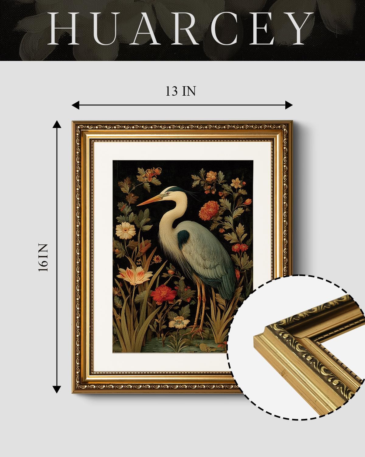 HUARCEY Vintage Botanical Bird Gold Framed Canvas Wall Art 13x16 inch, Classic Heron Floral Canvas Painting Print, Traditional Elegant Home Living Room Bedroom Farmhouse Decor
